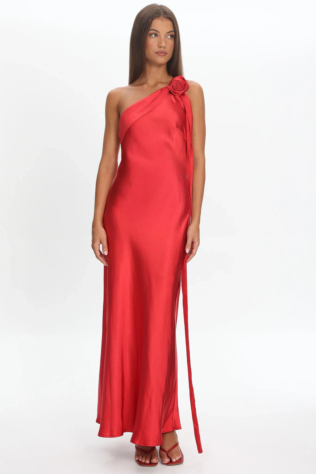 Star Fall One-Shoulder Rosette Maxi Dress Red