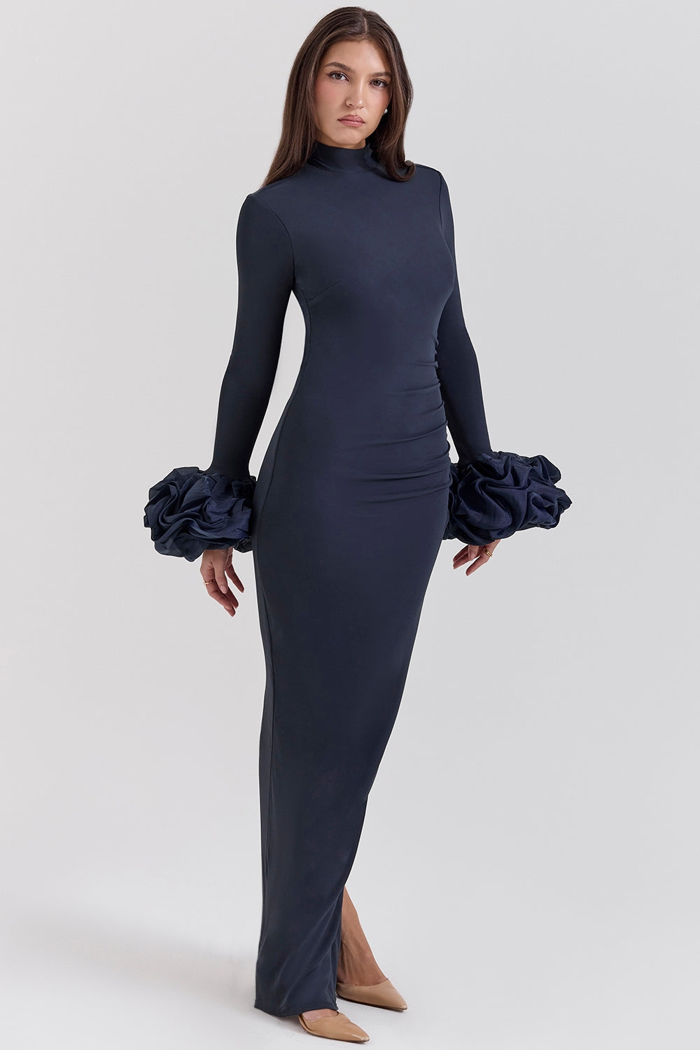 midnight ruffle sleeve maxi dress