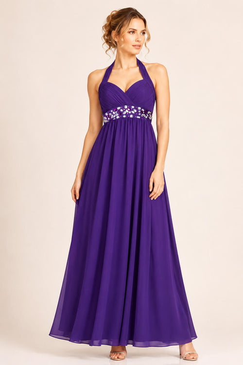 Coraline Purple Embellished Halterneck Evening Dress