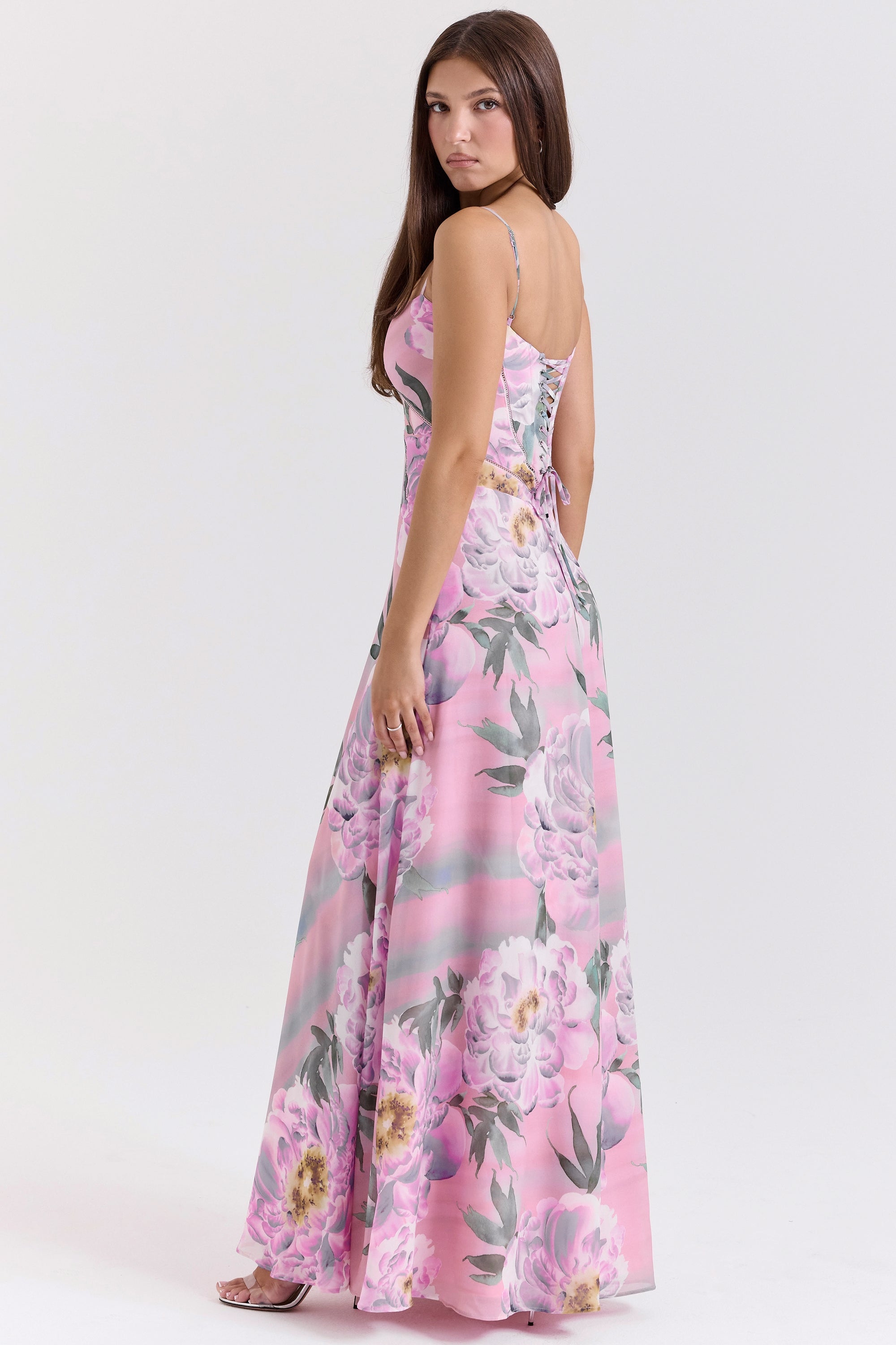 pink floral print lace back maxi dress