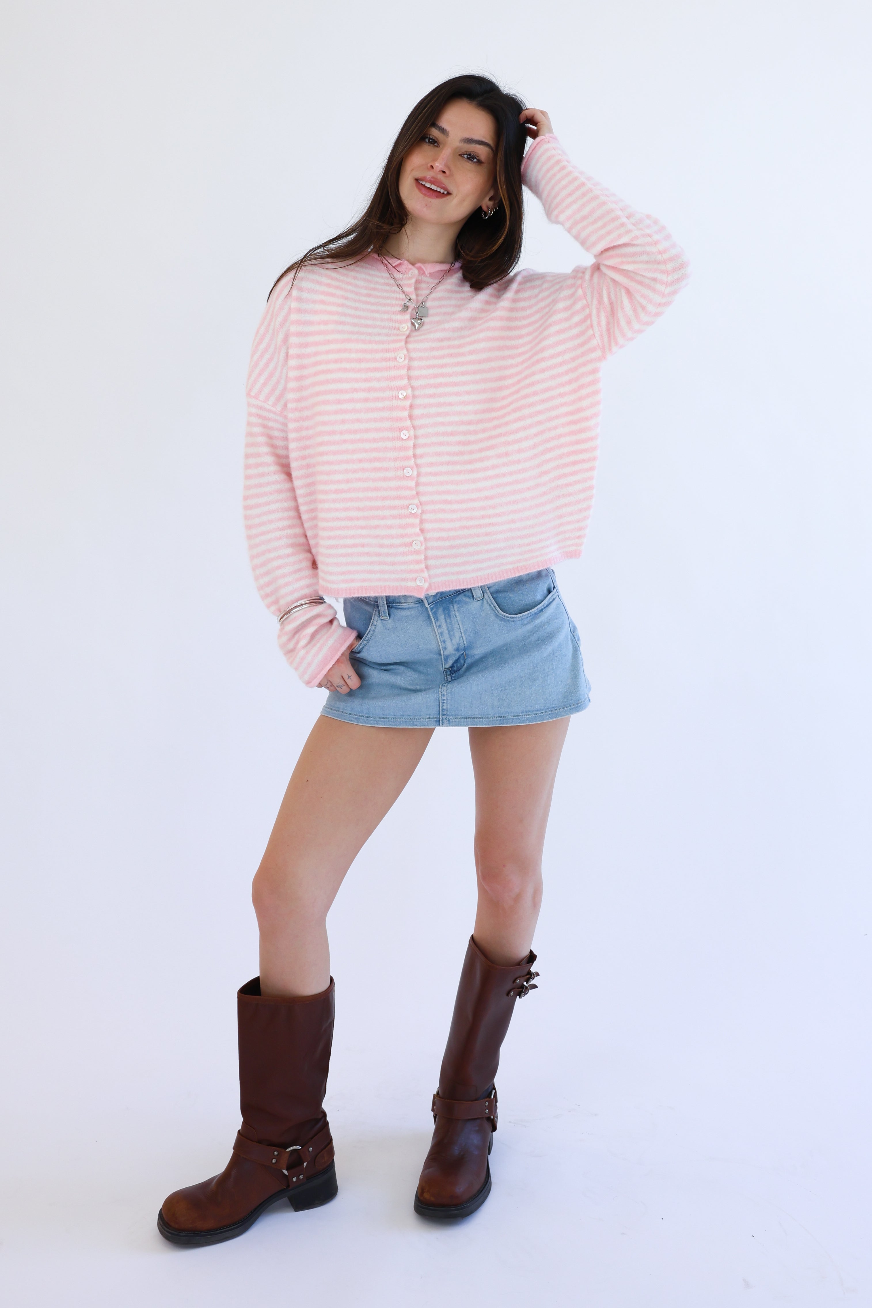 Phoebe Cardigan in Pink/White Stripe