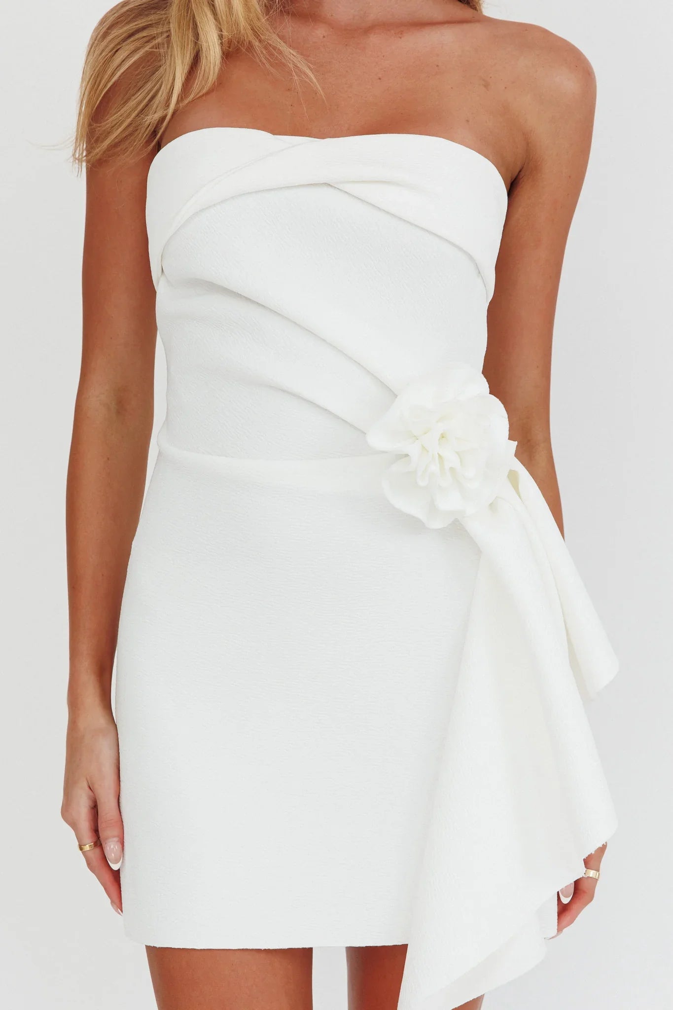 Sasha Cascade Ruffle Rosette Mini Dress White