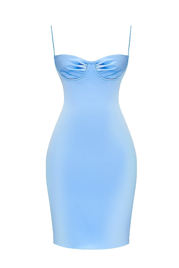 soft blue satin midi dress