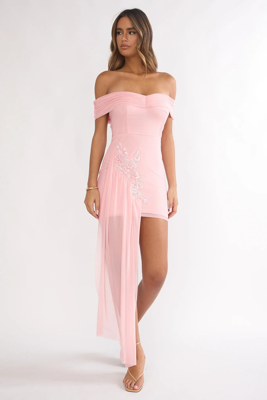 Dahlisse Off-Shoulder Sash Mini Dress Blush