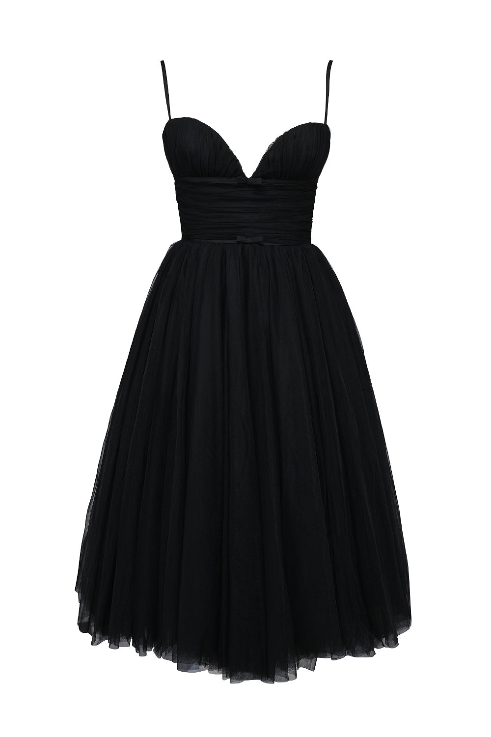 black tulle ruched bodice midi dress - sale