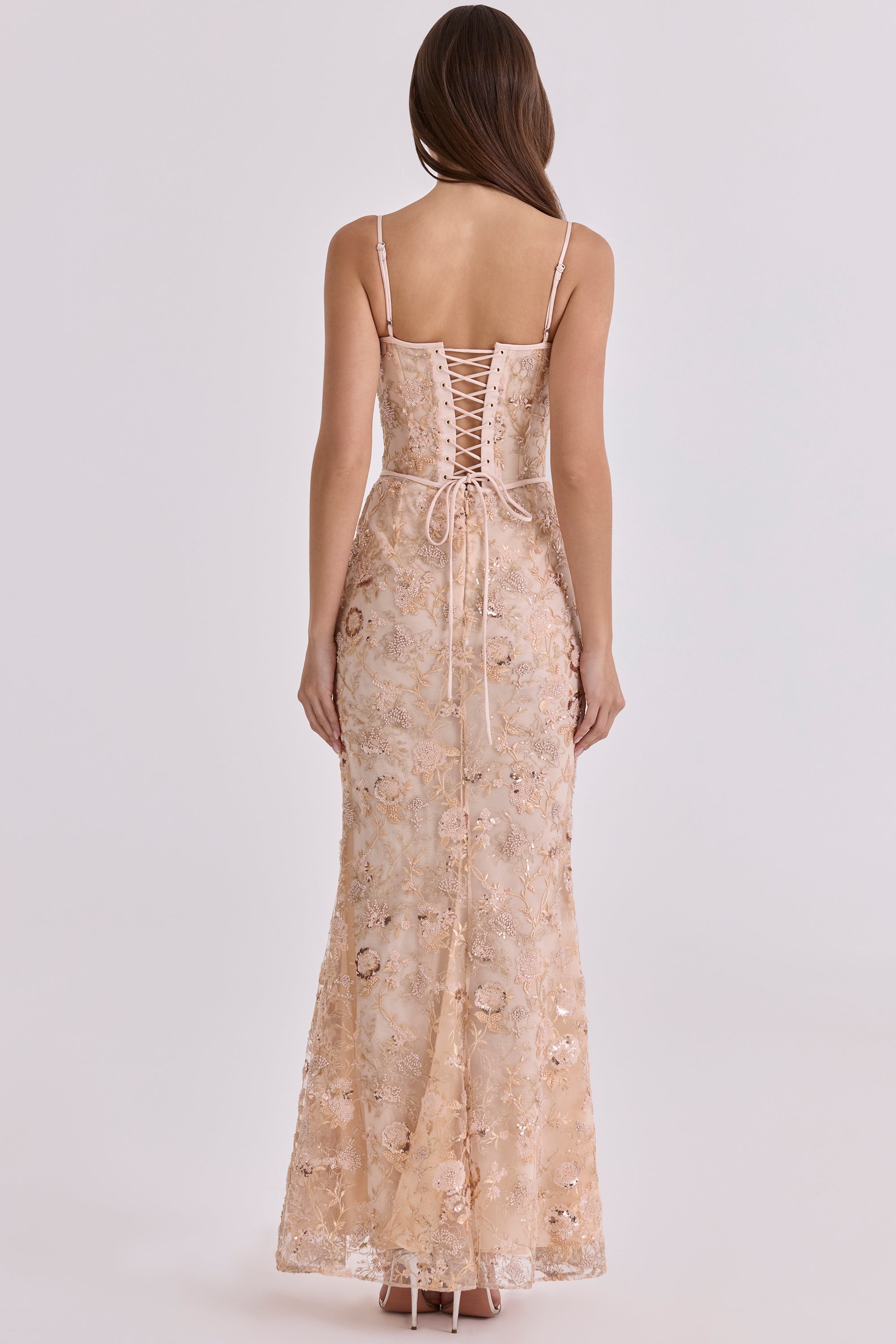 peach hand beaded embellished corset maxi dress - limited edition