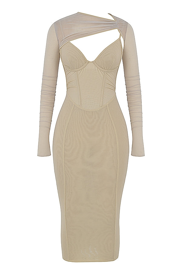 beige corset midi dress