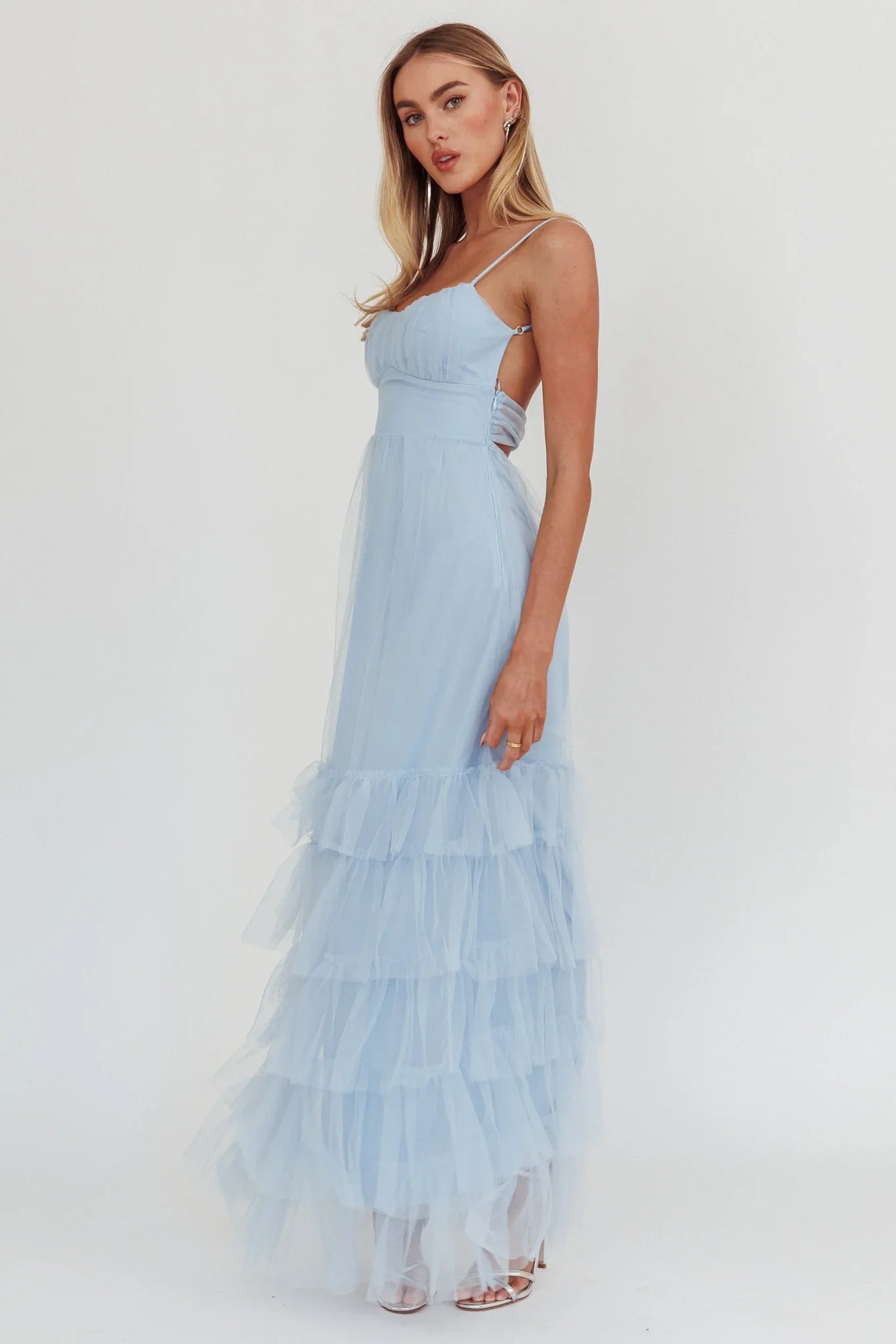 Nerida Twist Back Frill Trim Mesh Maxi Dress Steel Blue