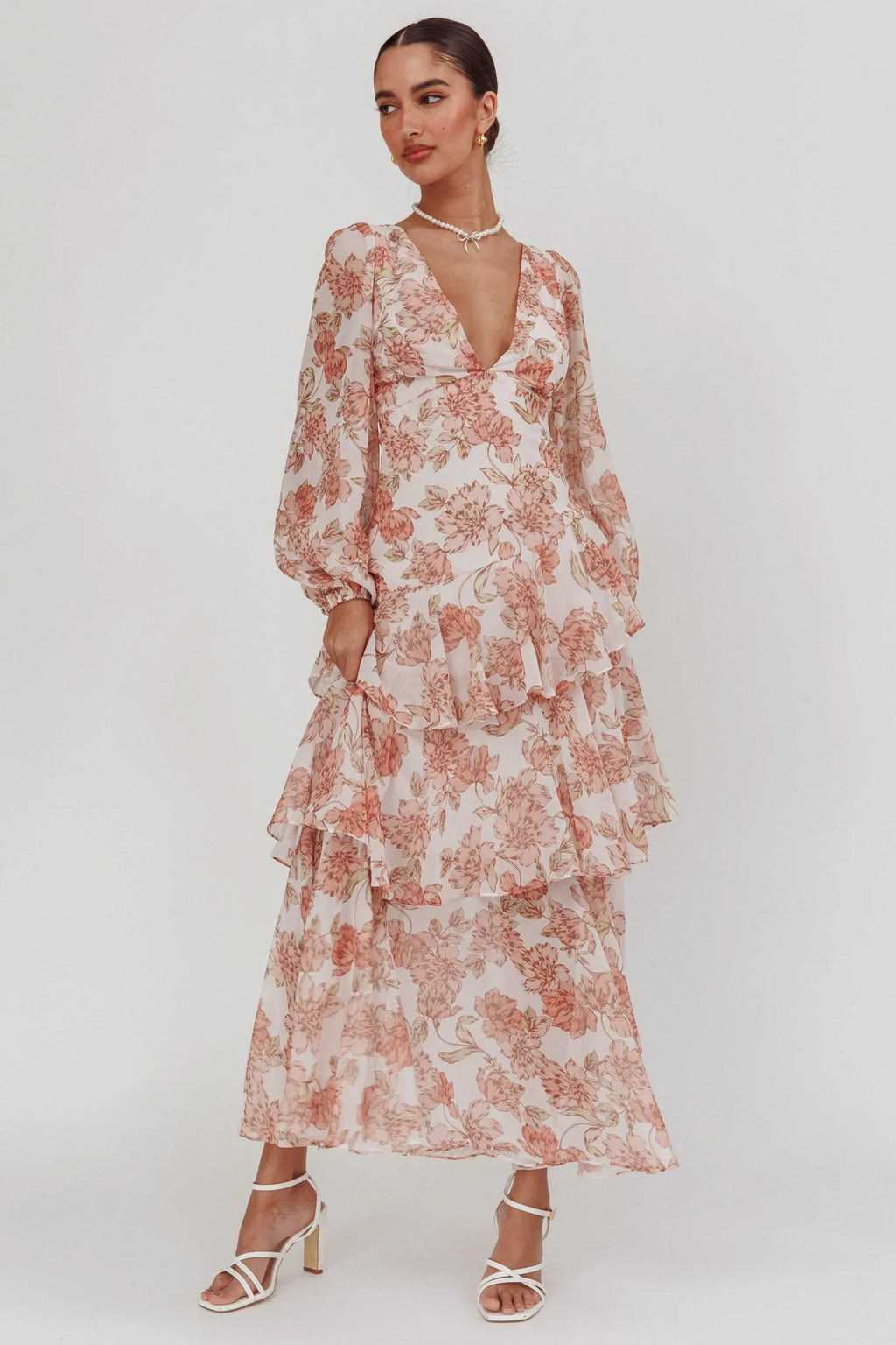 Veda Long Sleeve Floral Tiered Ruffle Maxi Dress Peach