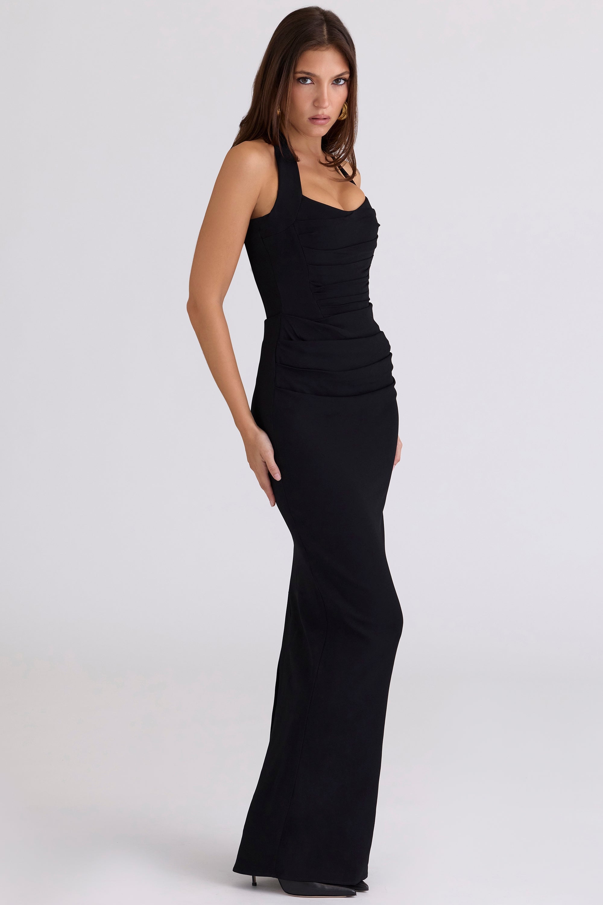 black scuplting halter neck maxi dress