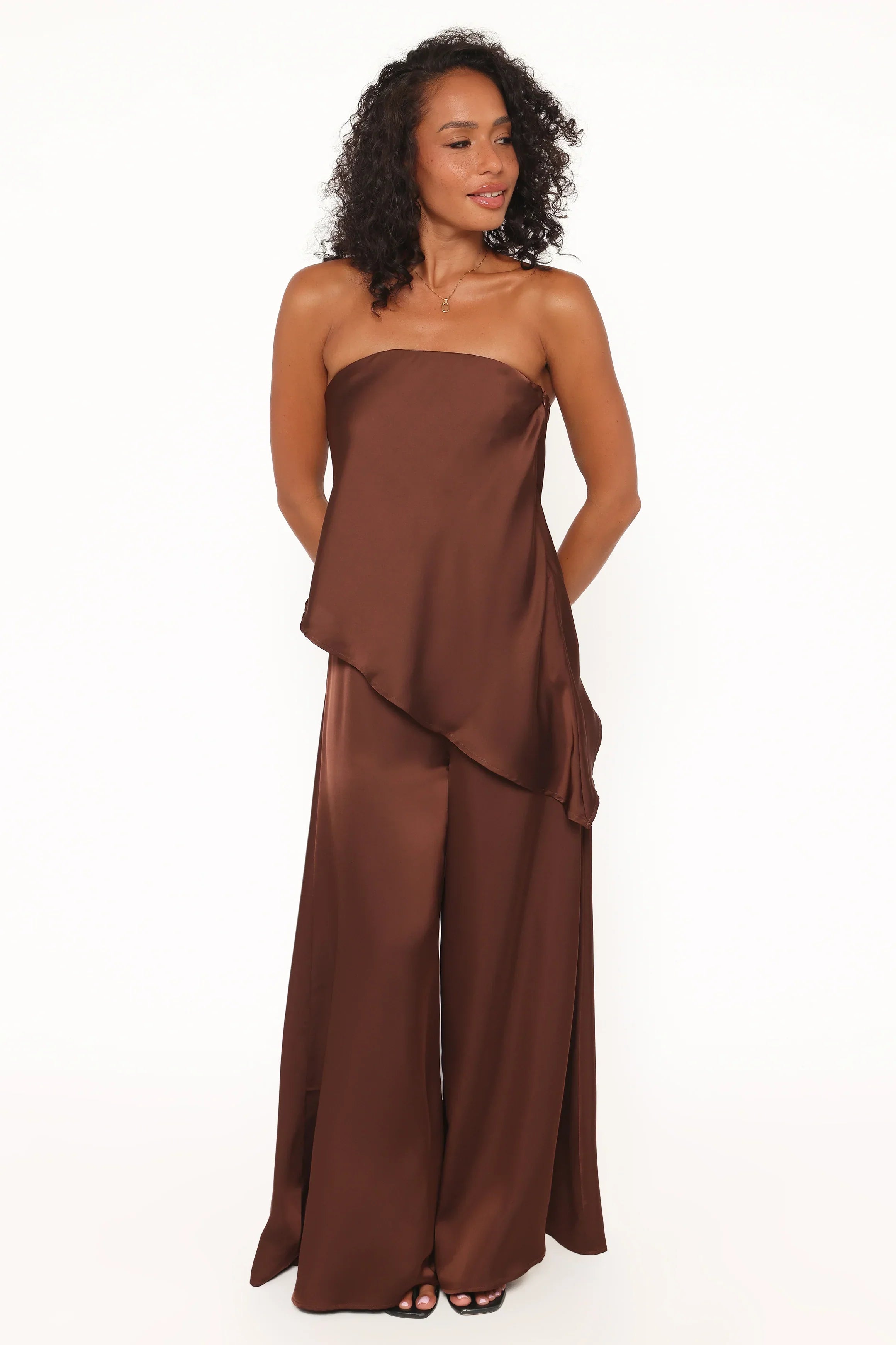 Charmer Asymmetrical Longline Strapless Top - Dark Brown