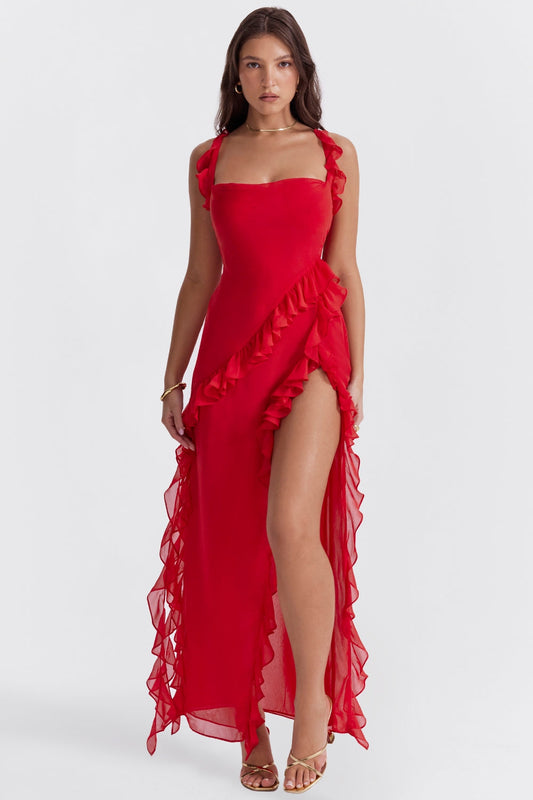 cherry ruffle maxi dress