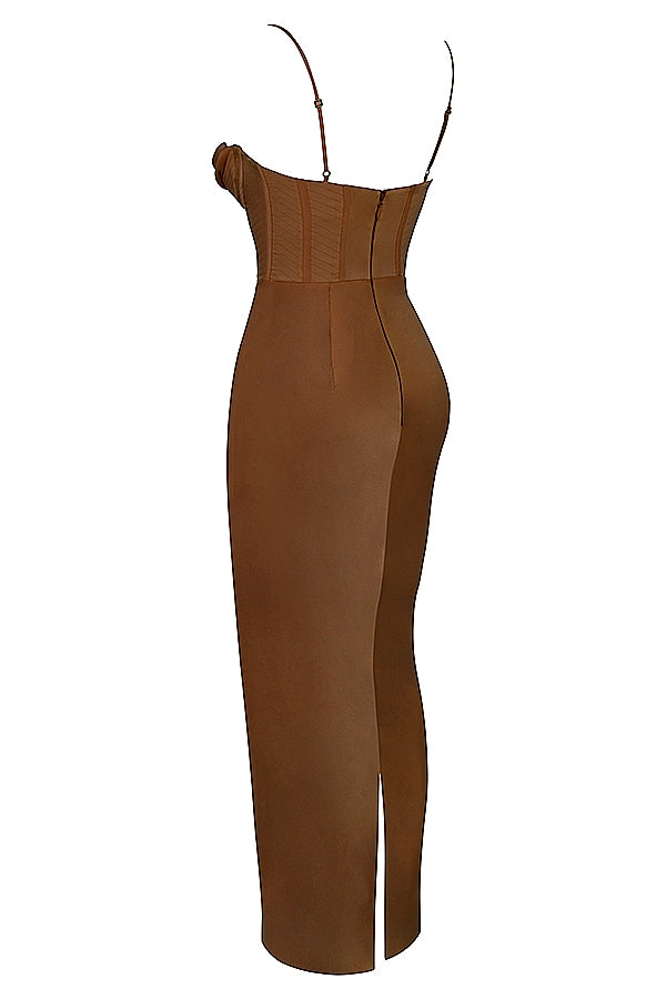 chocolate corset maxi dress