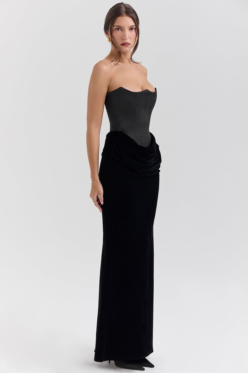 black velvet strapless corset maxi dress