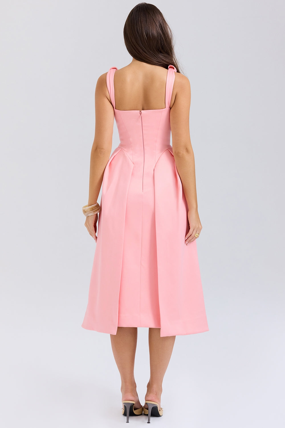 peach satin pleated midi dress - sale