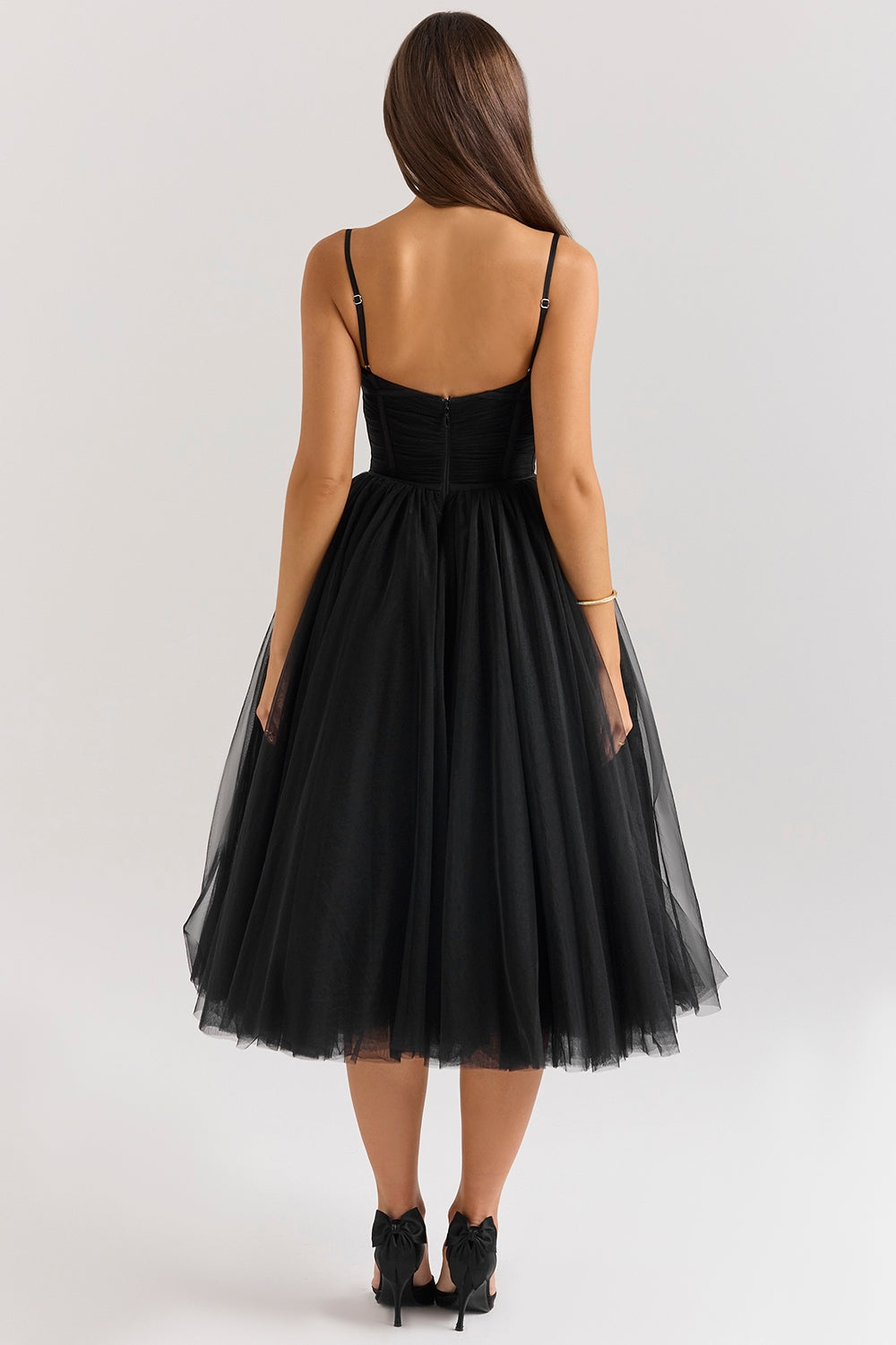 black tulle ruched bodice midi dress - sale
