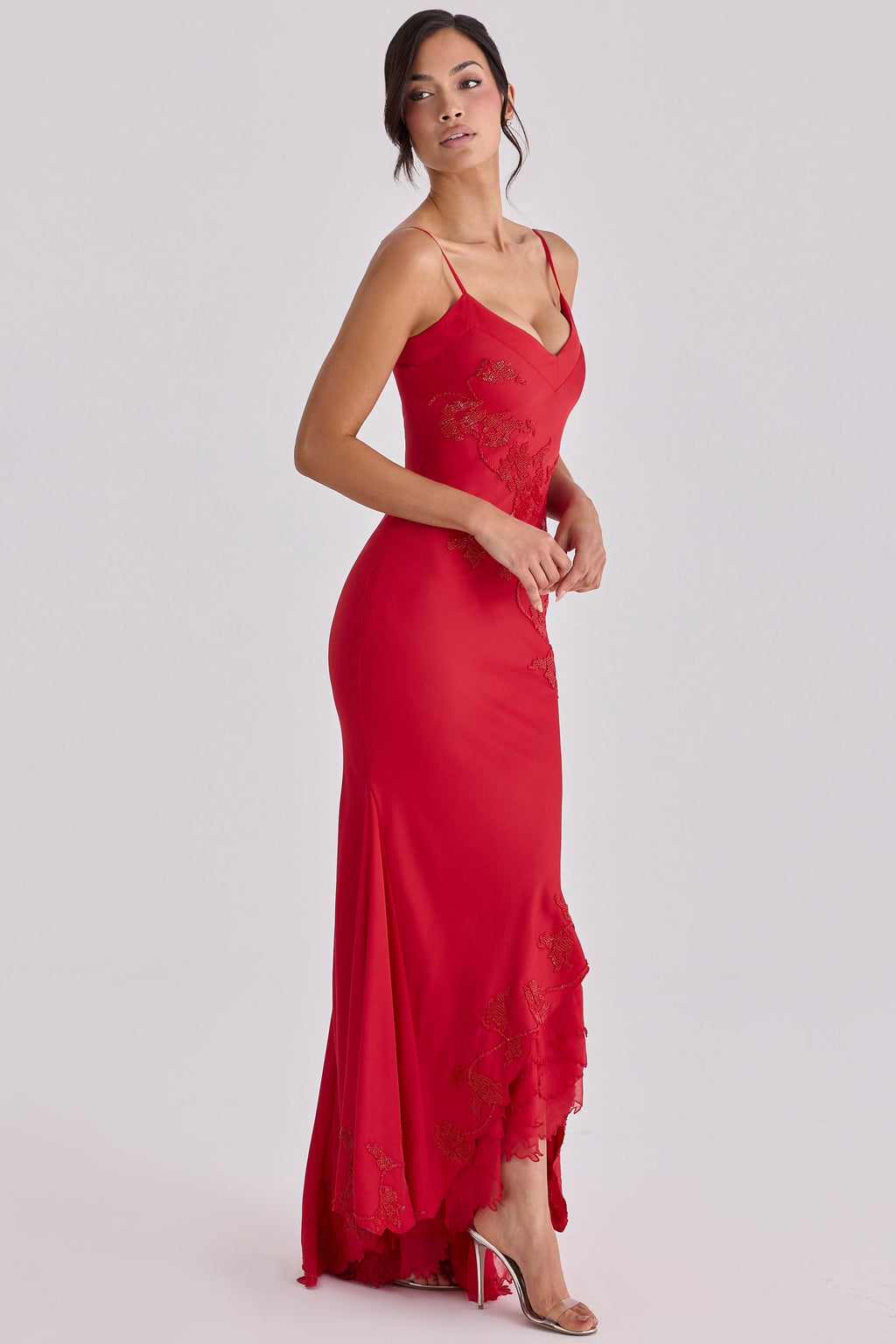 red hand beaded embellished satin maxi dress - limited edition