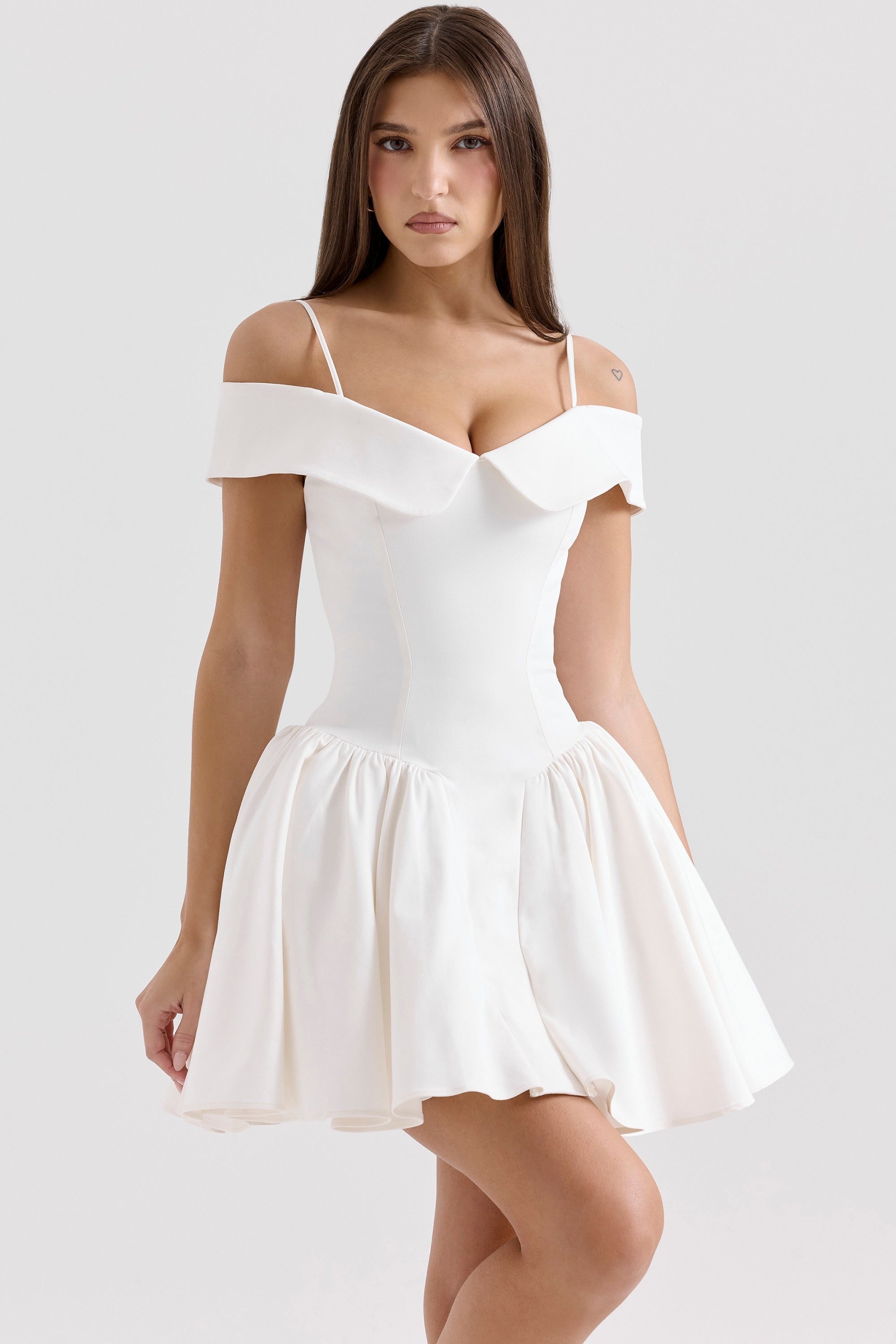 white twill off shoulder mini dress