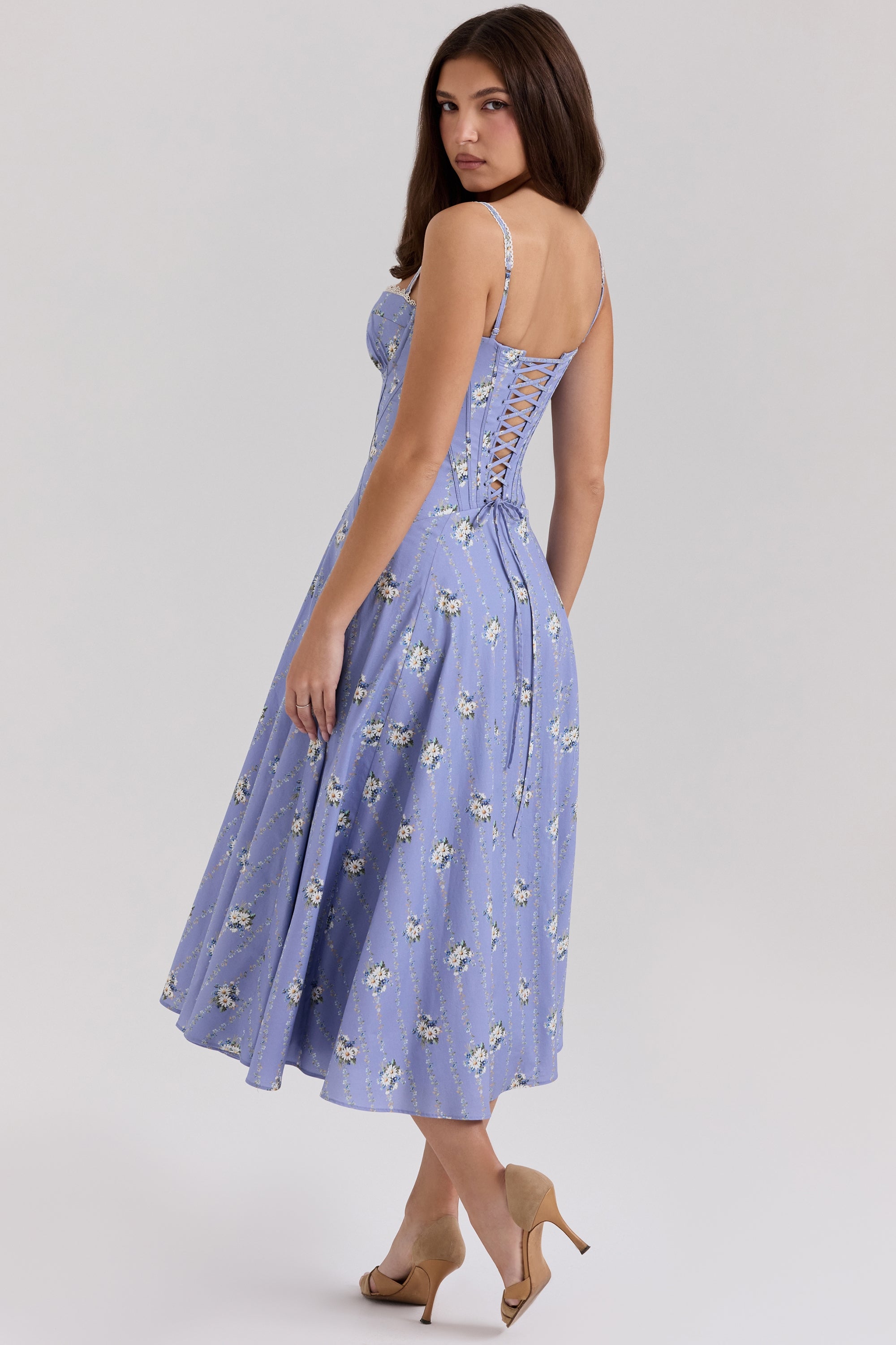 blue daisy print stretch cotton midi sundress