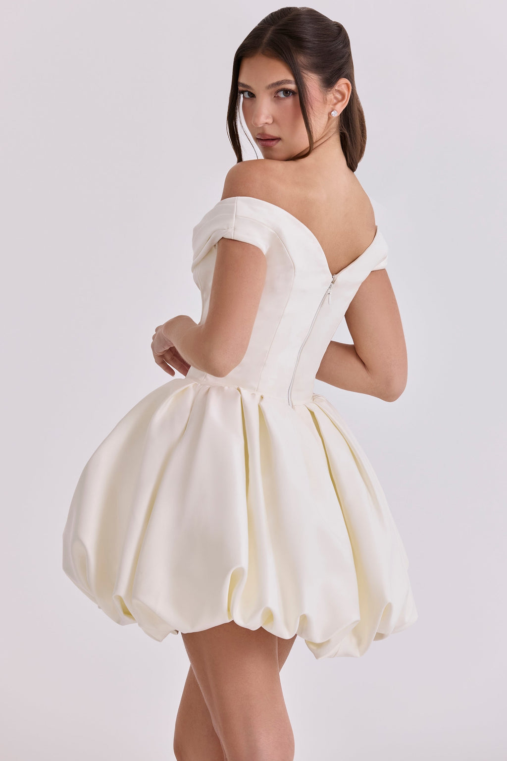 ivory satin off shoulder mini bridal gown