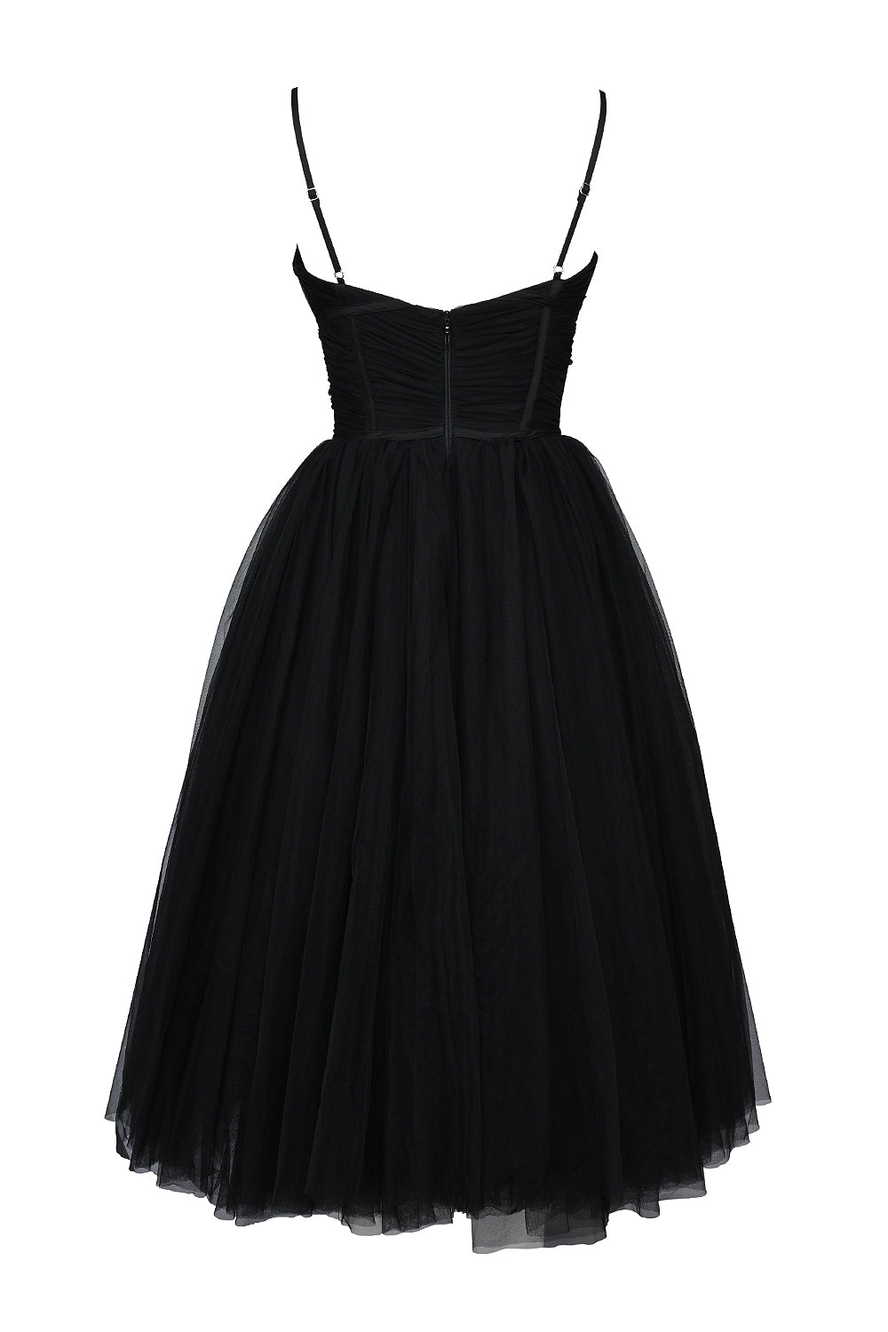 black tulle ruched bodice midi dress - sale