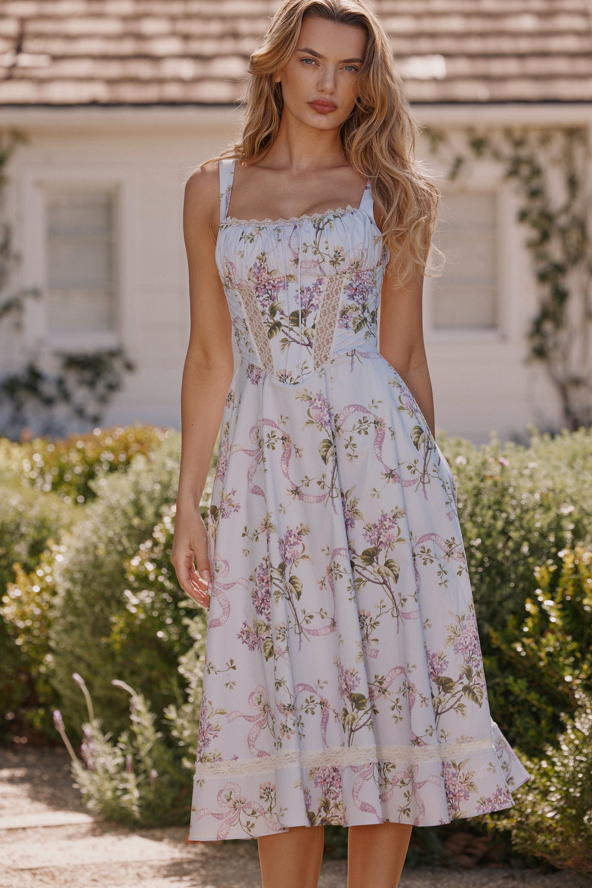 lilac floral cotton midi sundress