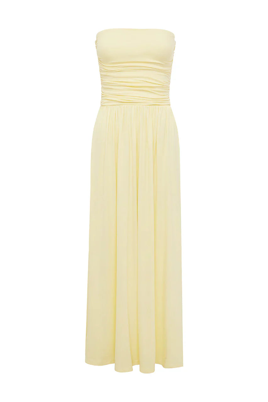 MALONE RUCHED STRAPLESS MAXI DRESS - LEMON