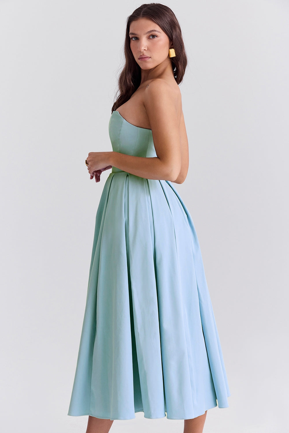 tuscan blue strapless midi sundress
