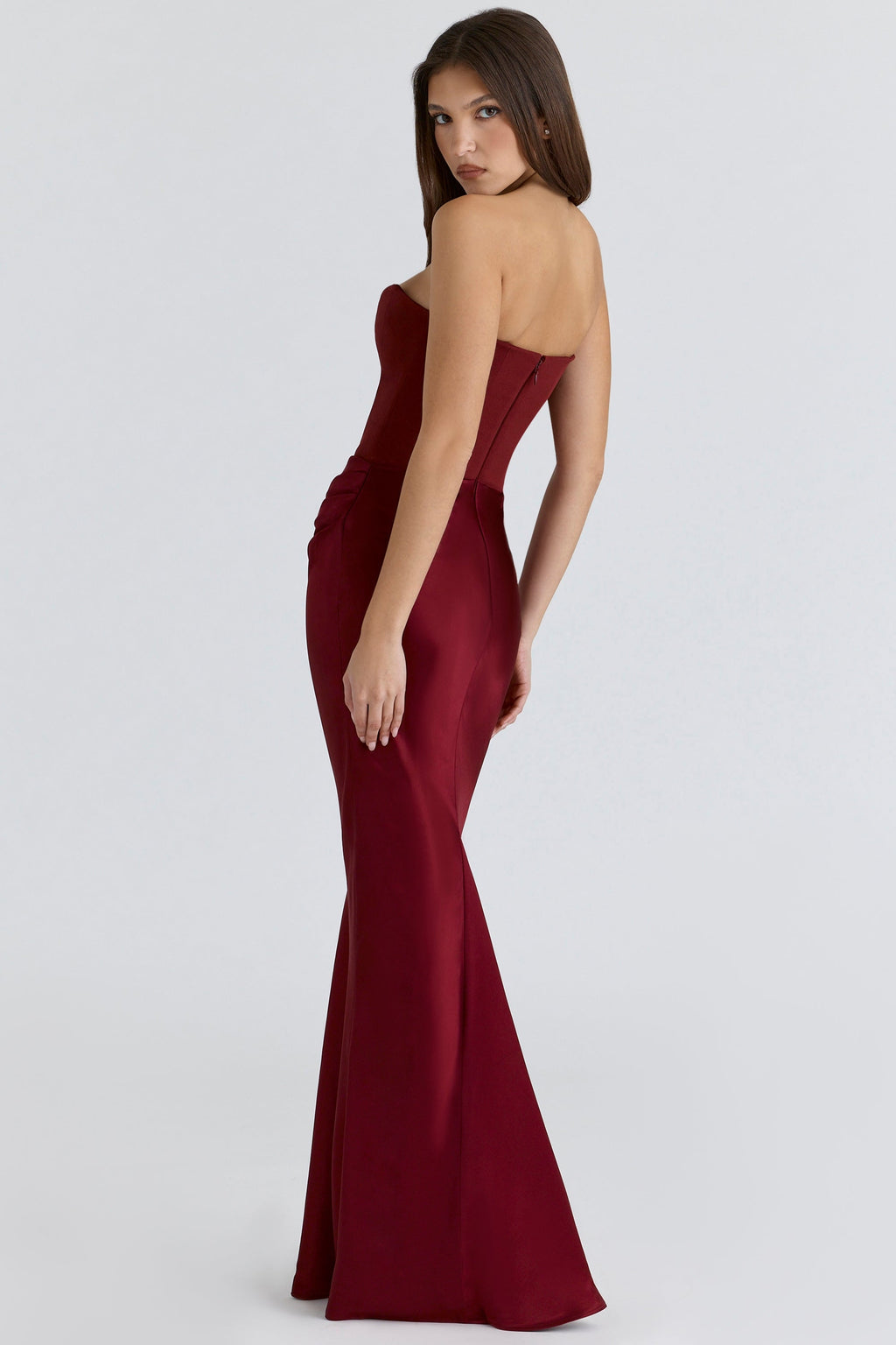 wine strapless corset maxi dress