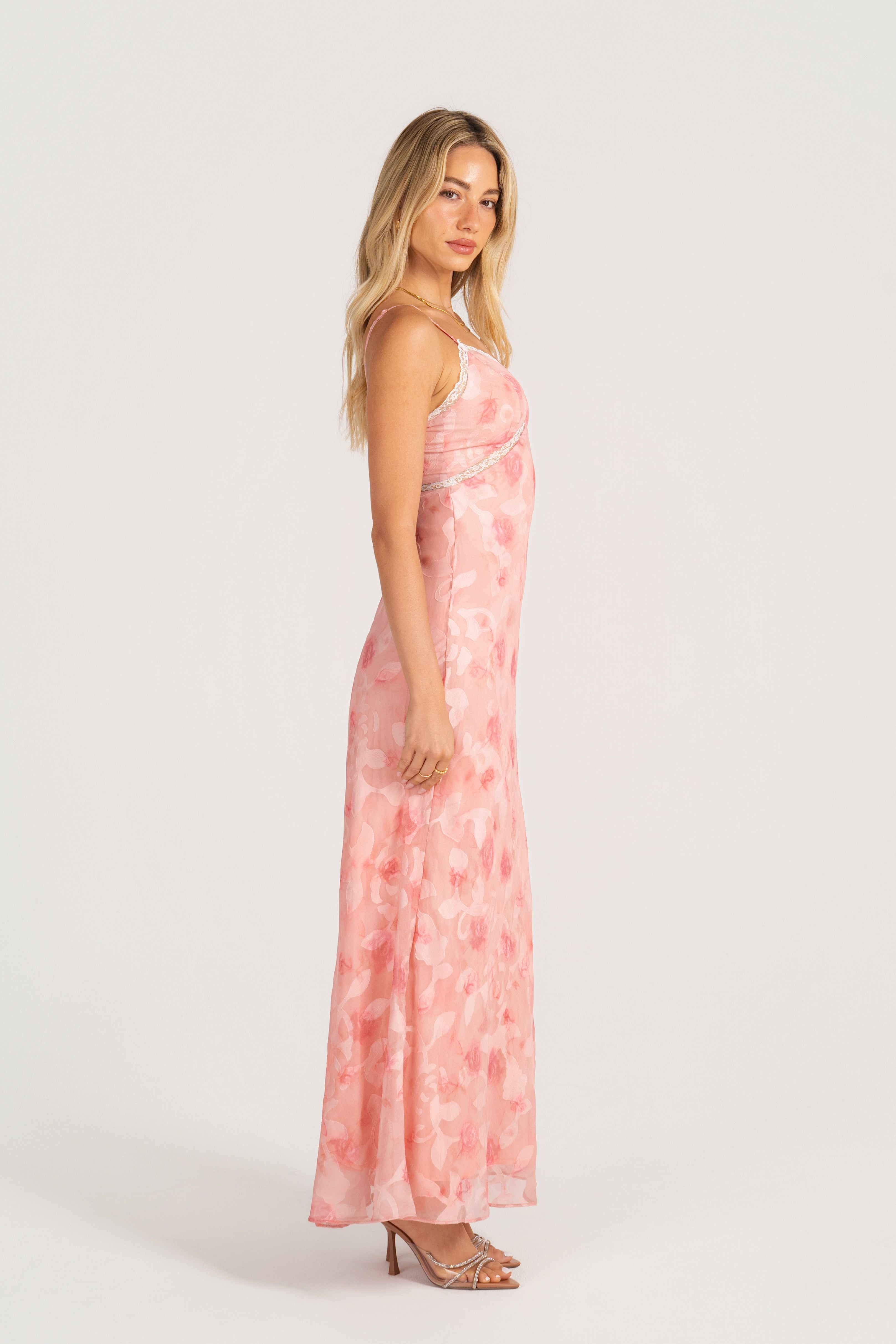 Alaina Pink Maxi Dress with Lace Trims