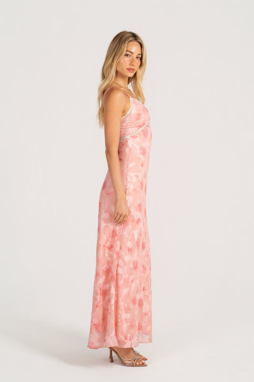 Alaina Pink Maxi Dress with Lace Trims