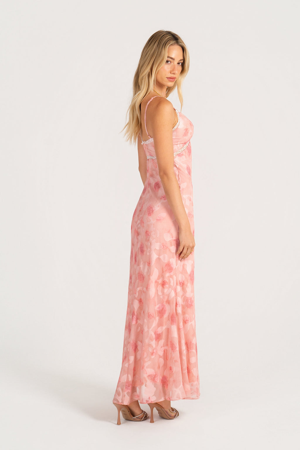 Alaina Pink Maxi Dress with Lace Trims