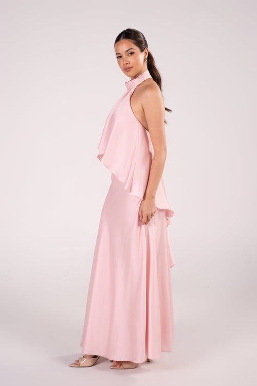 Aster Baby Pink Cascading Ruffle Halter Dress