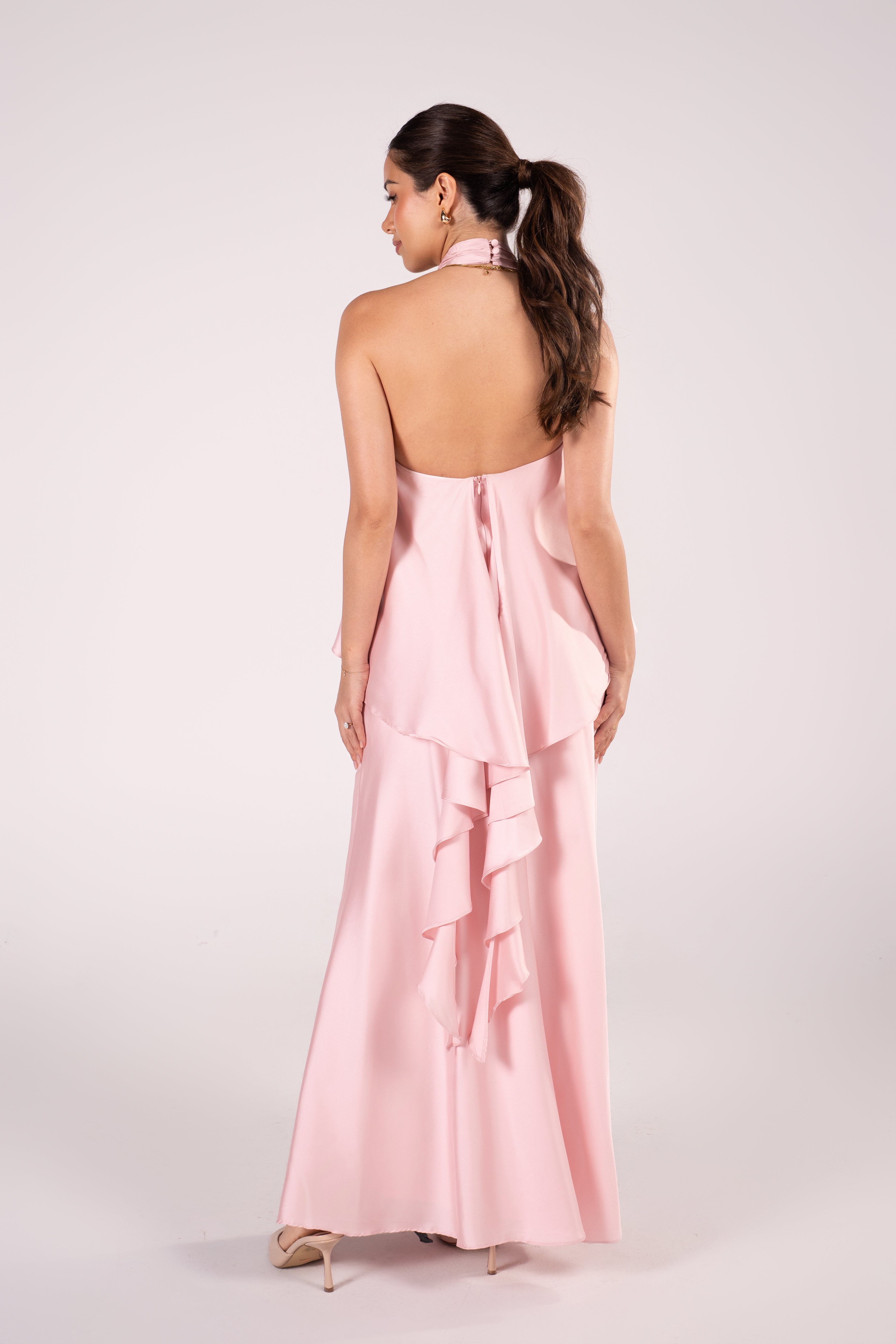 Aster Baby Pink Cascading Ruffle Halter Dress
