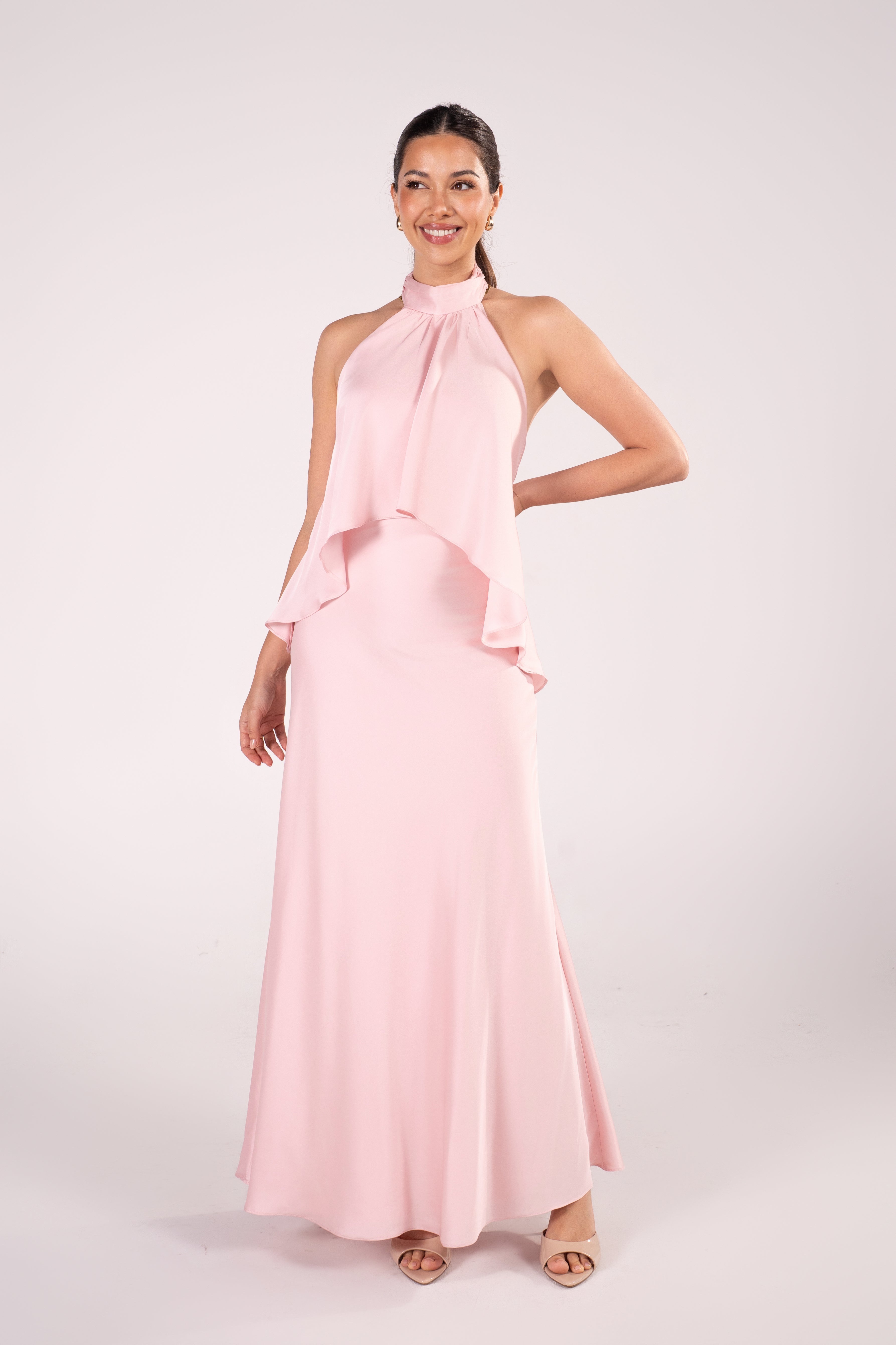 Aster Baby Pink Cascading Ruffle Halter Dress
