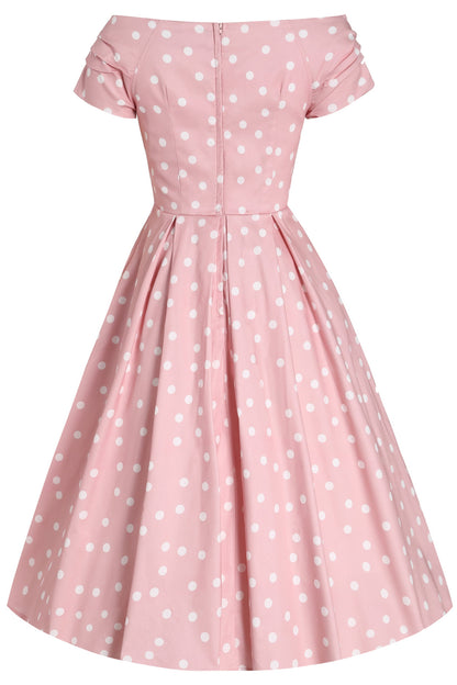 Lily Light Pink & White Polka Dot Off Shoulder Dress