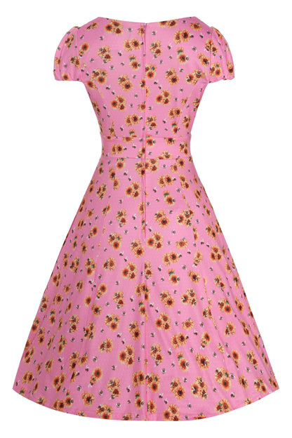 Claudia Pink Cap Sleeved Dress with Sunflowers & Bees