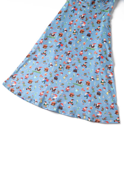 Janice Blue Petal Sleeved Tea Dress in Garden Gnome Print