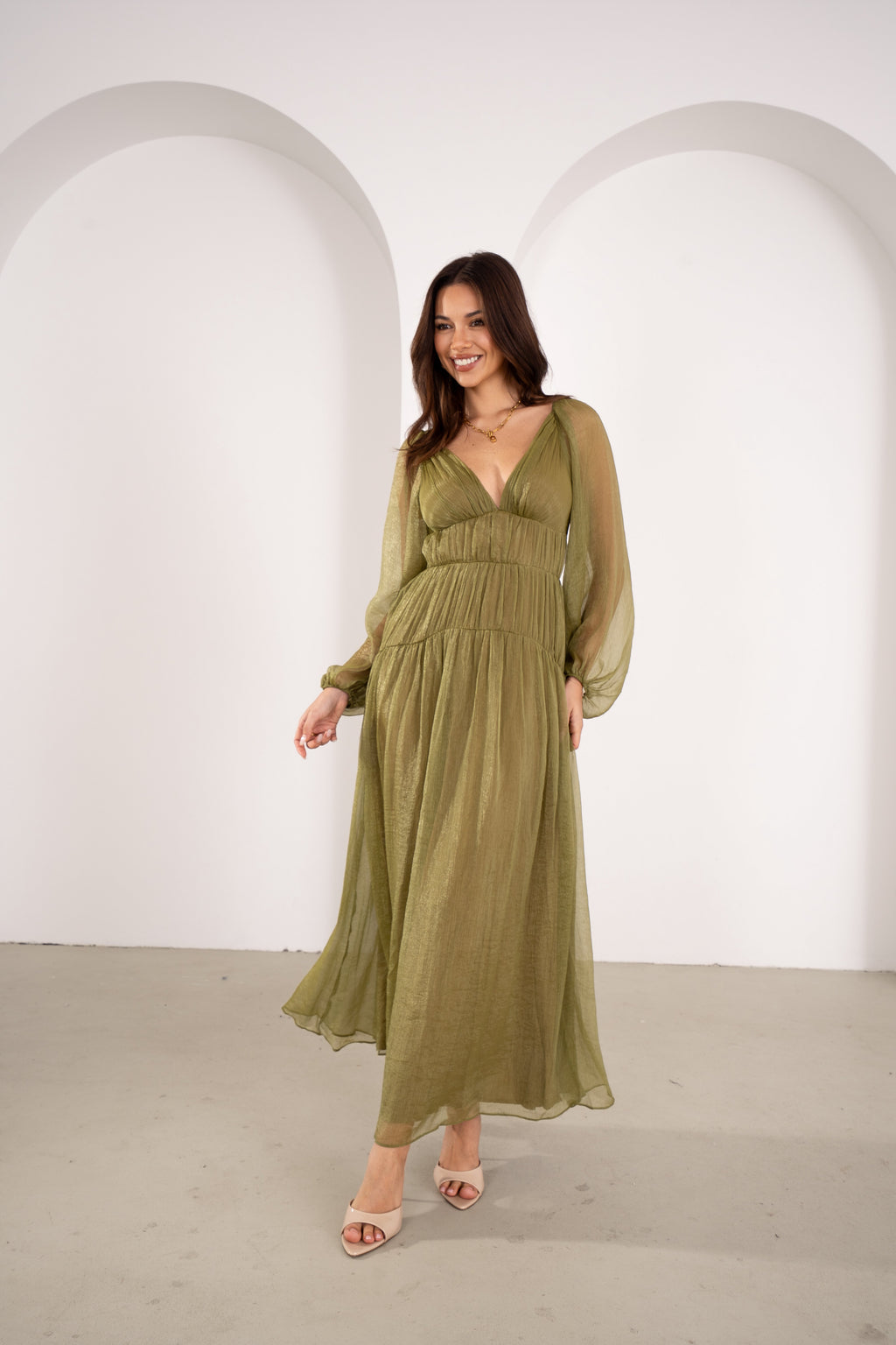 Cressida Olive Shimmer Long Sleeve Maxi