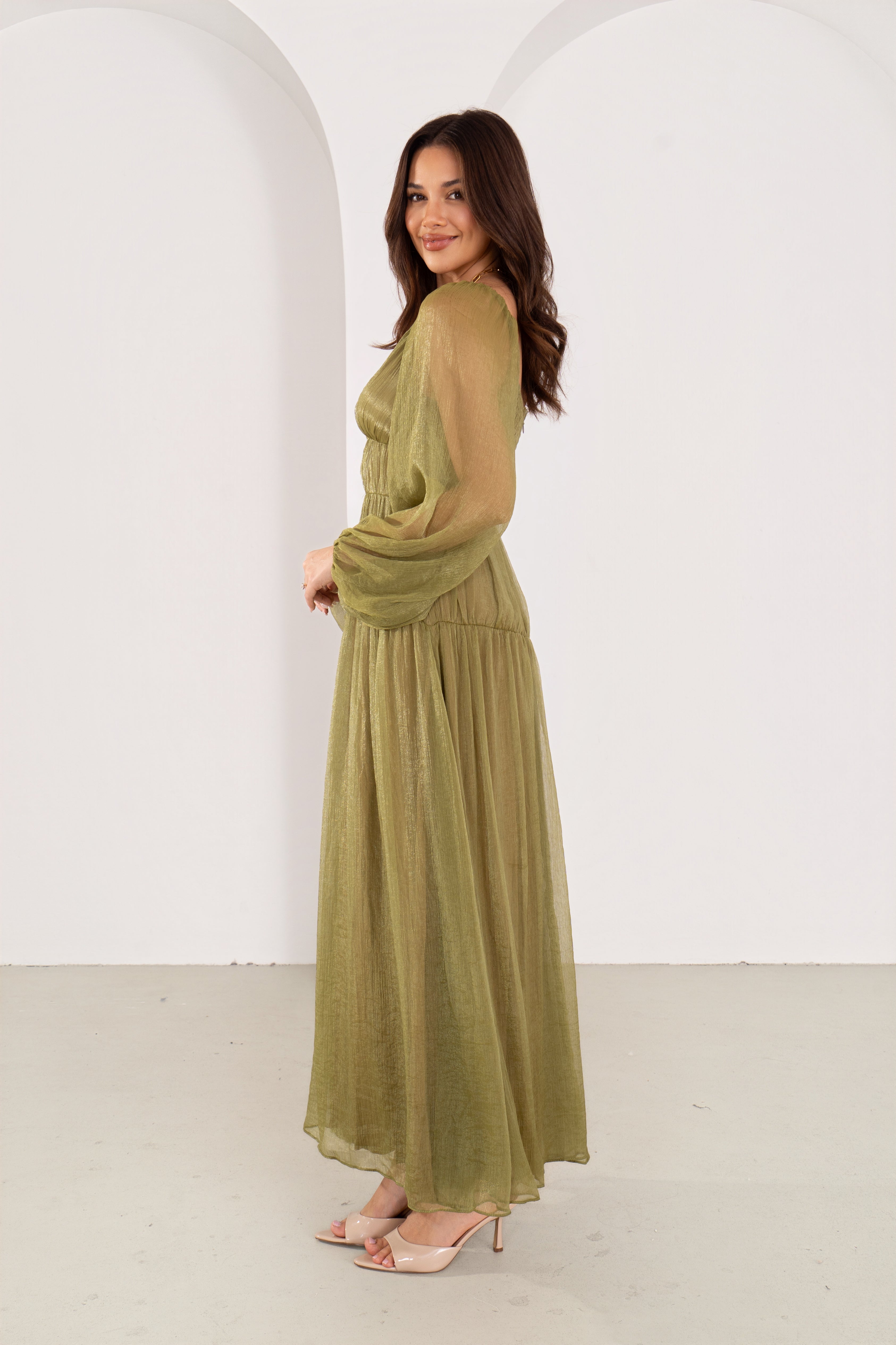 Cressida Olive Shimmer Long Sleeve Maxi