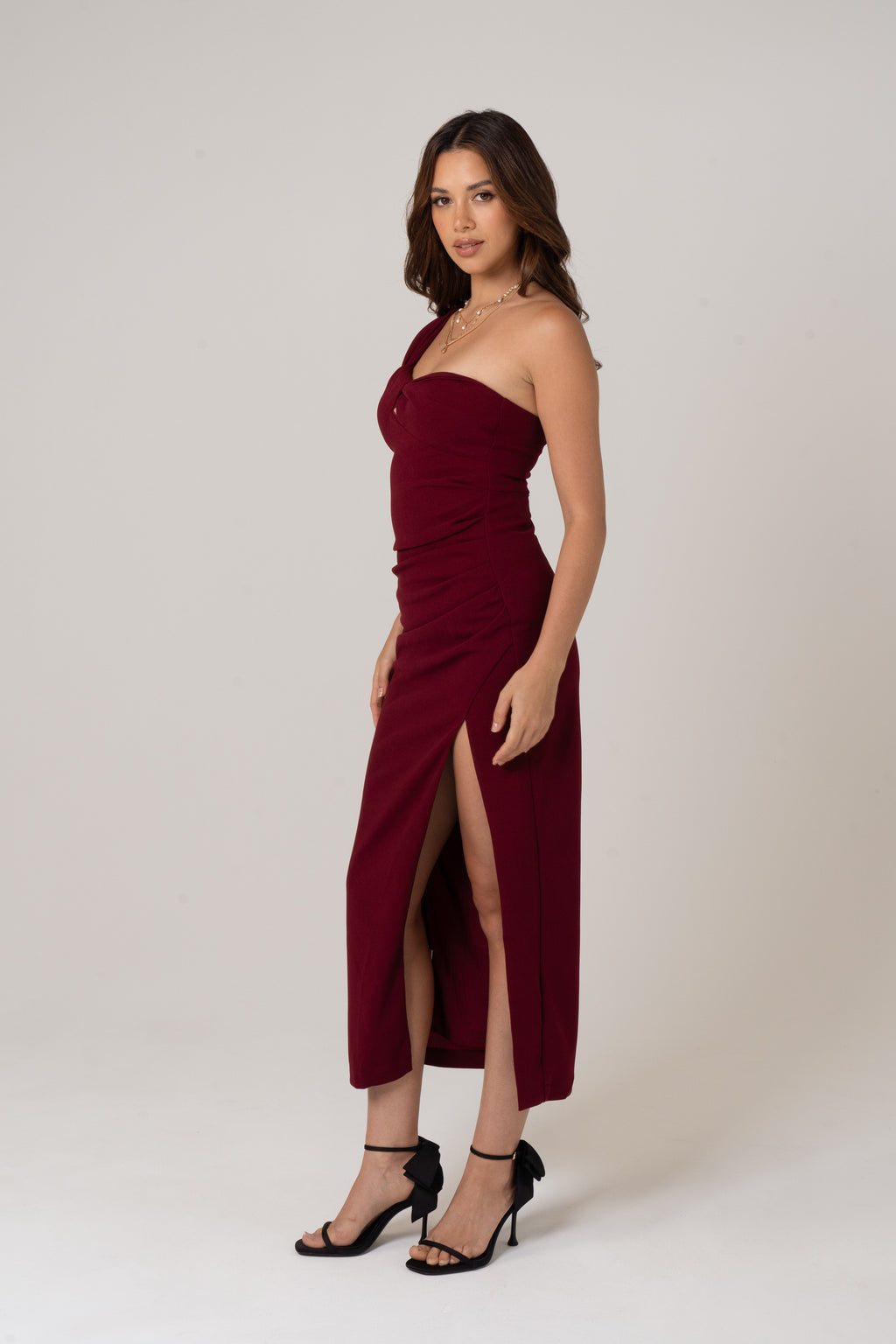 Tana Maroon One Shoulder Midi Dress