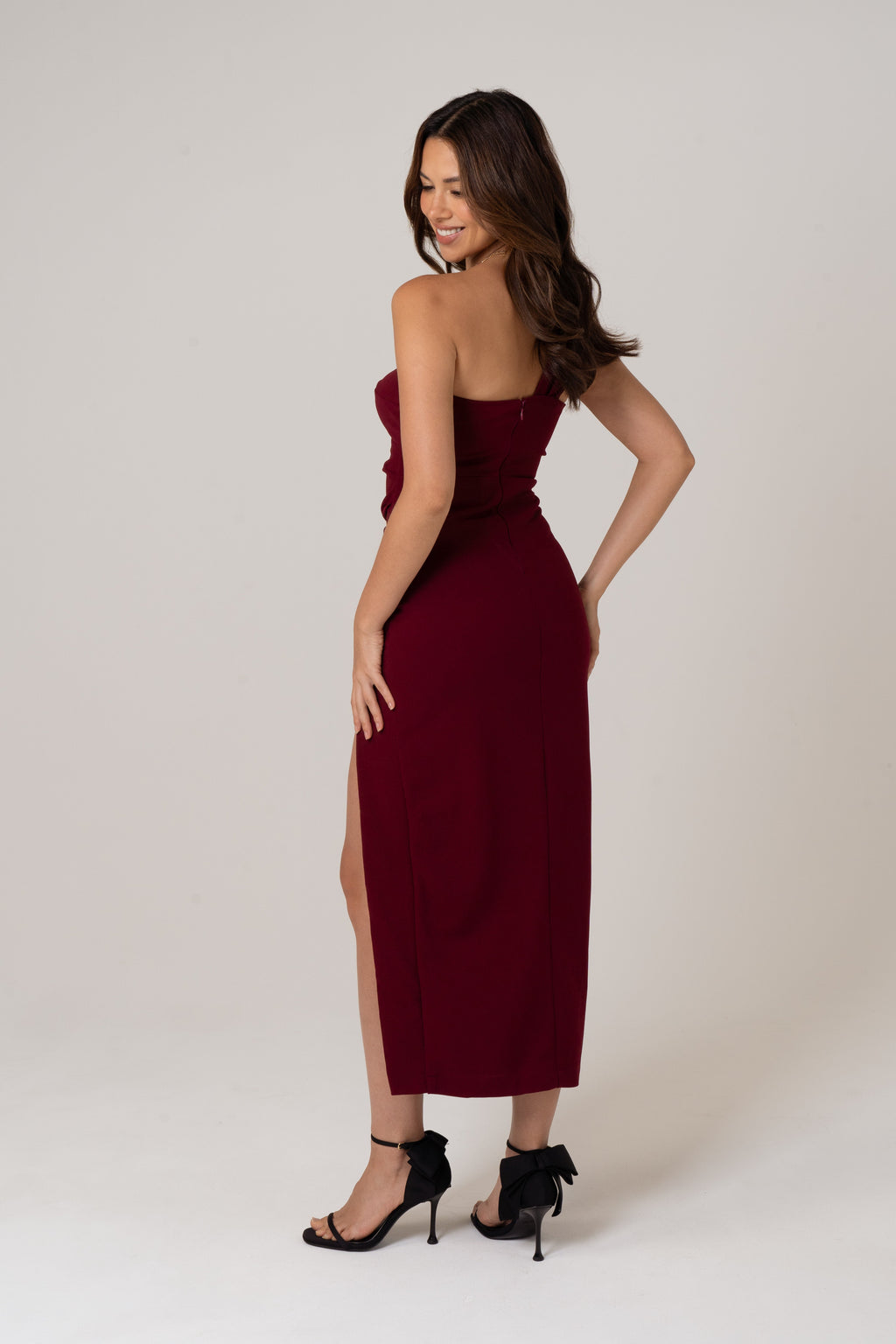 Tana Maroon One Shoulder Midi Dress
