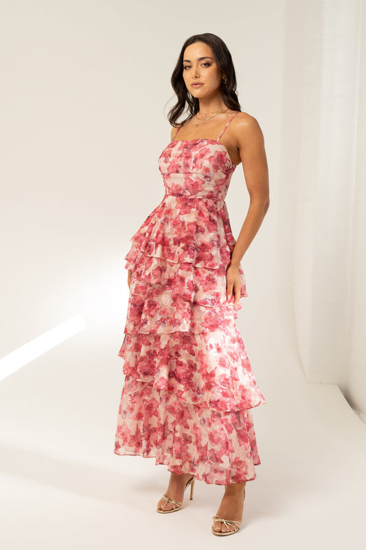 Emilia Pink Floral Tiered Maxi Dress