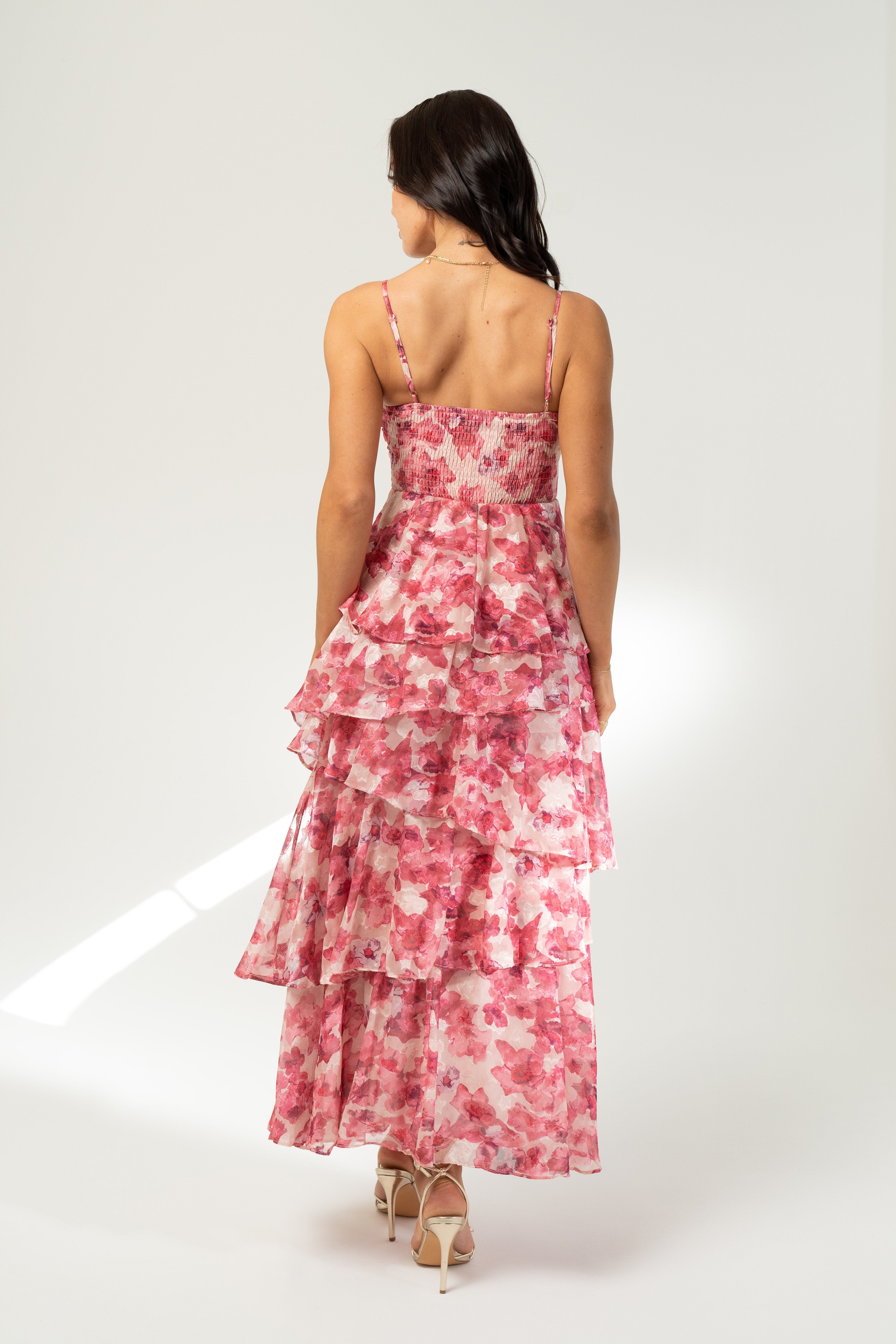 Emilia Pink Floral Tiered Maxi Dress