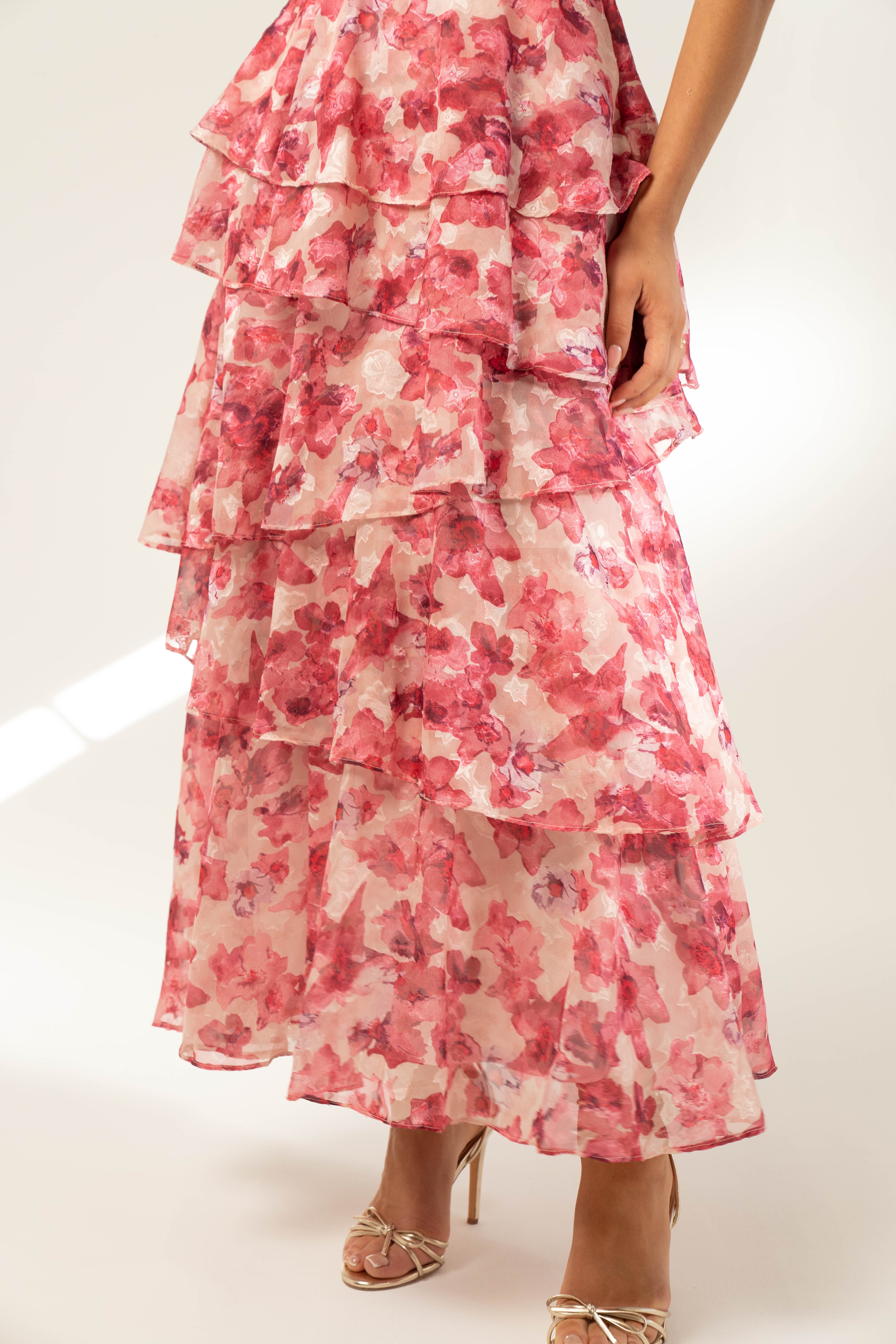 Emilia Pink Floral Tiered Maxi Dress