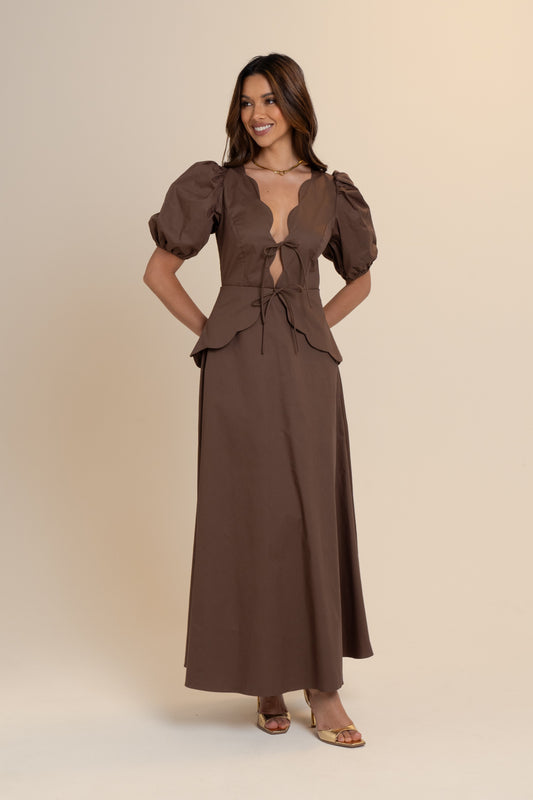 Andrea Scalloped Chocolate Maxi Dress