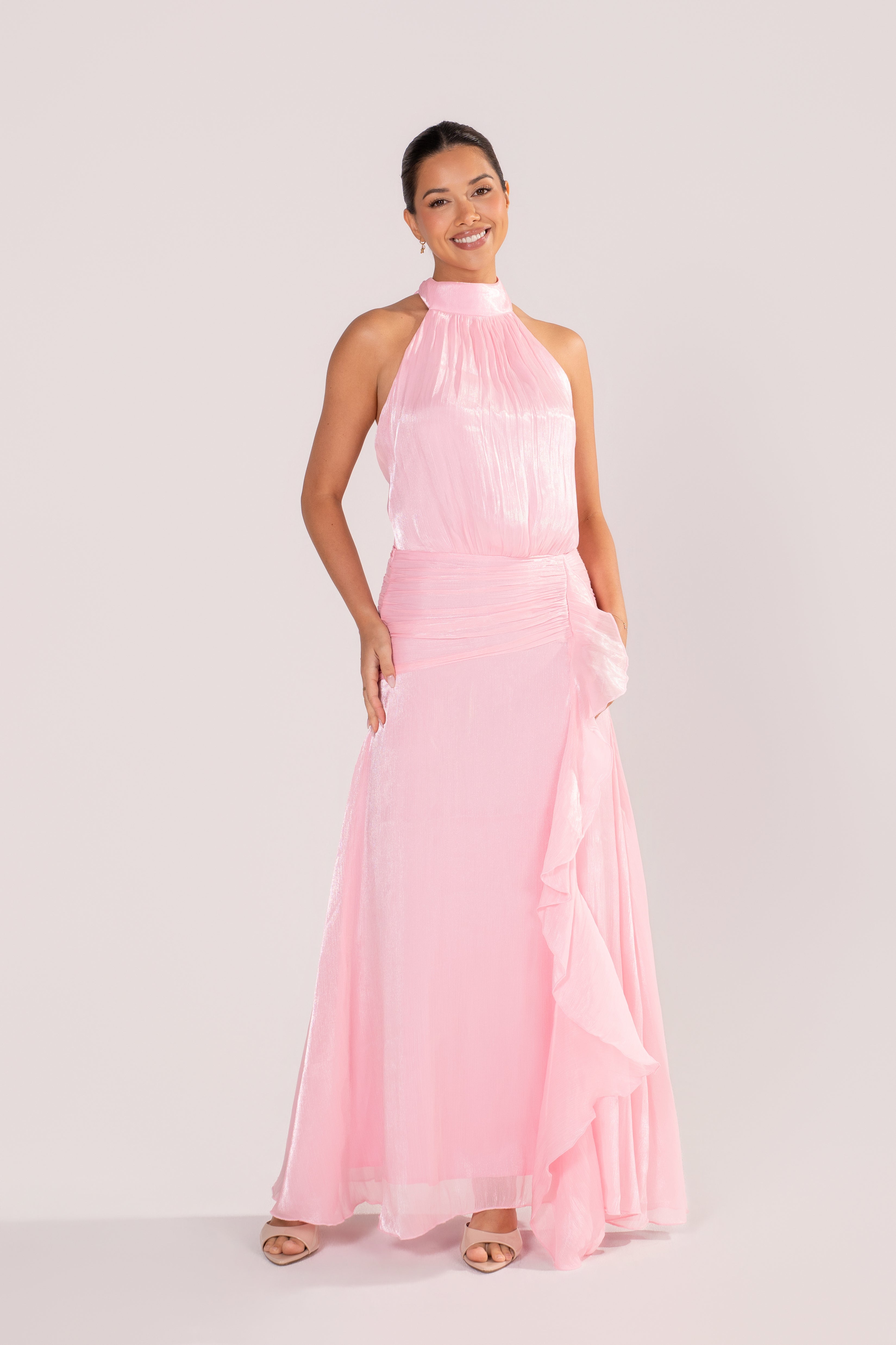 Drew Pink Shimmer Halter Neck Maxi Dress