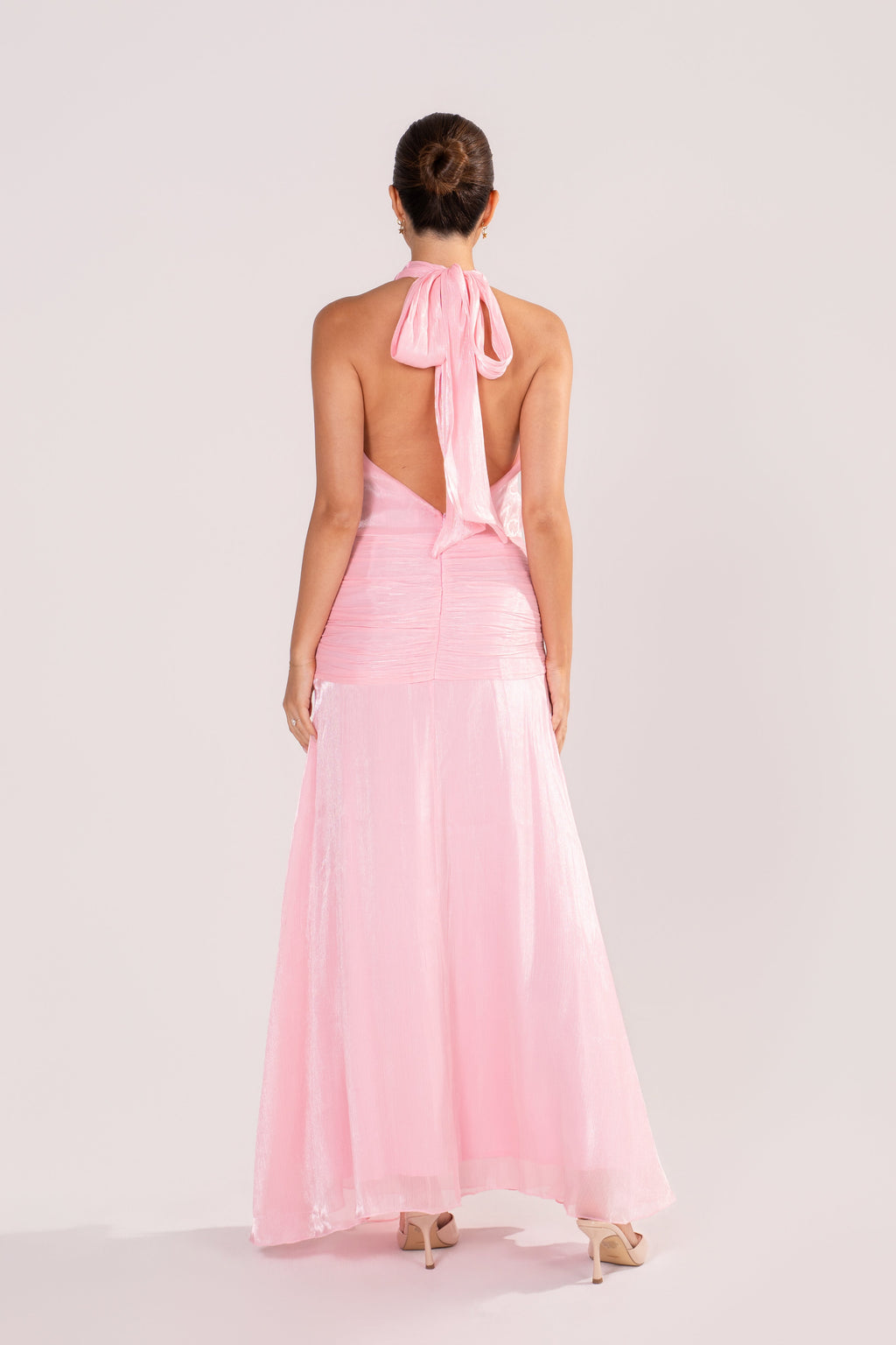 Drew Pink Shimmer Halter Neck Maxi Dress