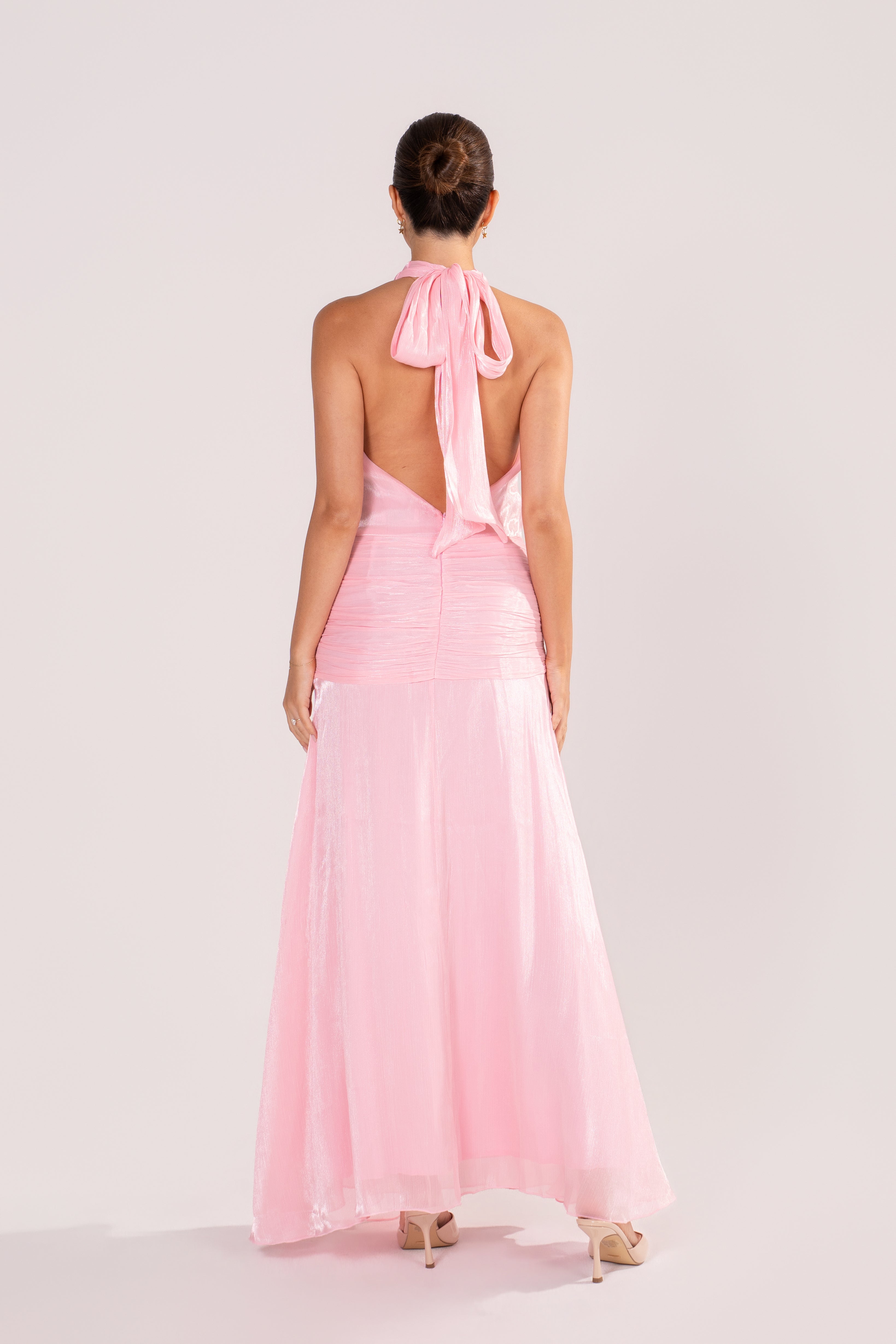 Drew Pink Shimmer Halter Neck Maxi Dress