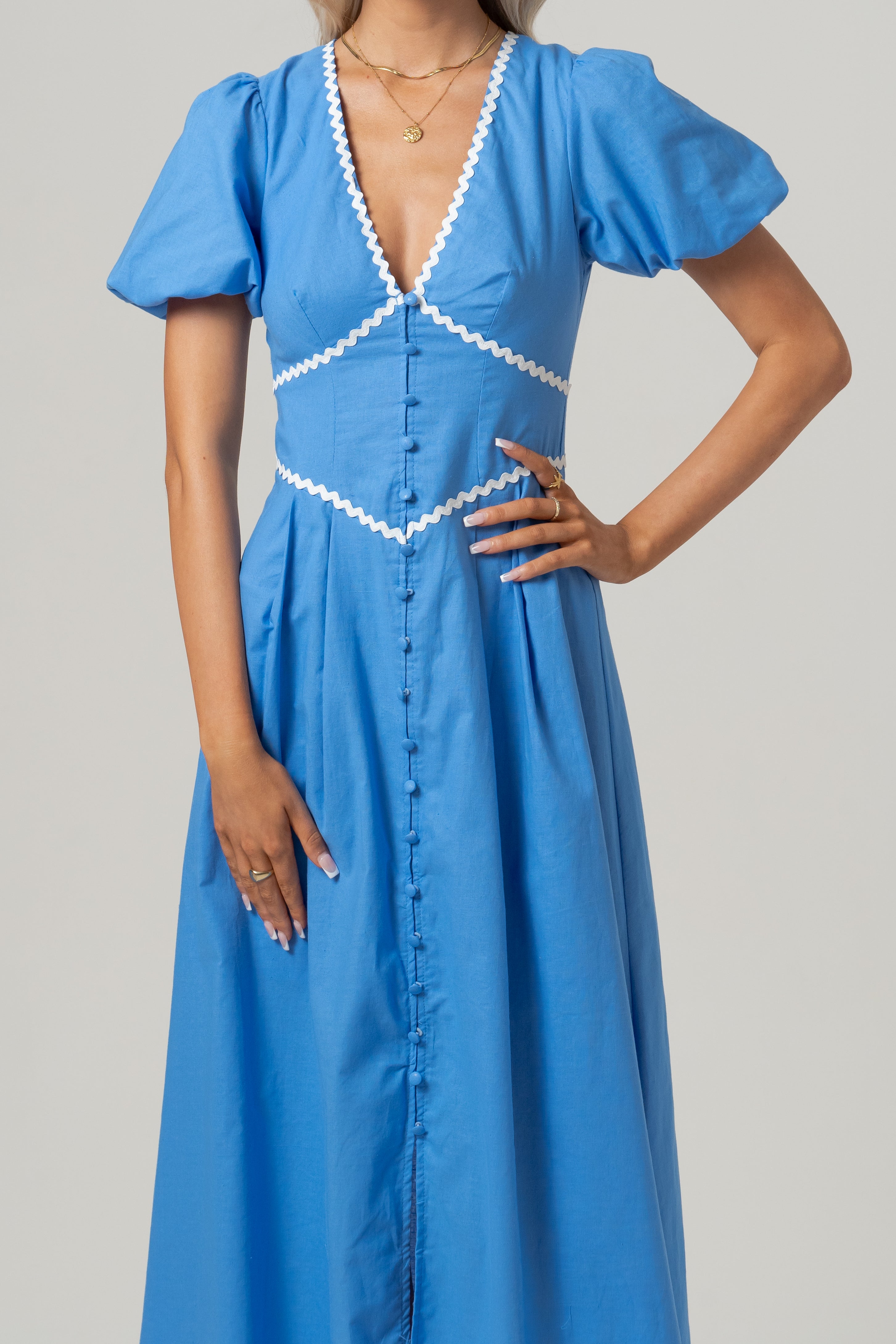 Eden Puff Sleeve Blue Midi Dress with Ric Rac Trims